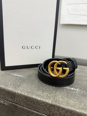 Gucci Black Leather GG Marmont Thin Belt Size 75