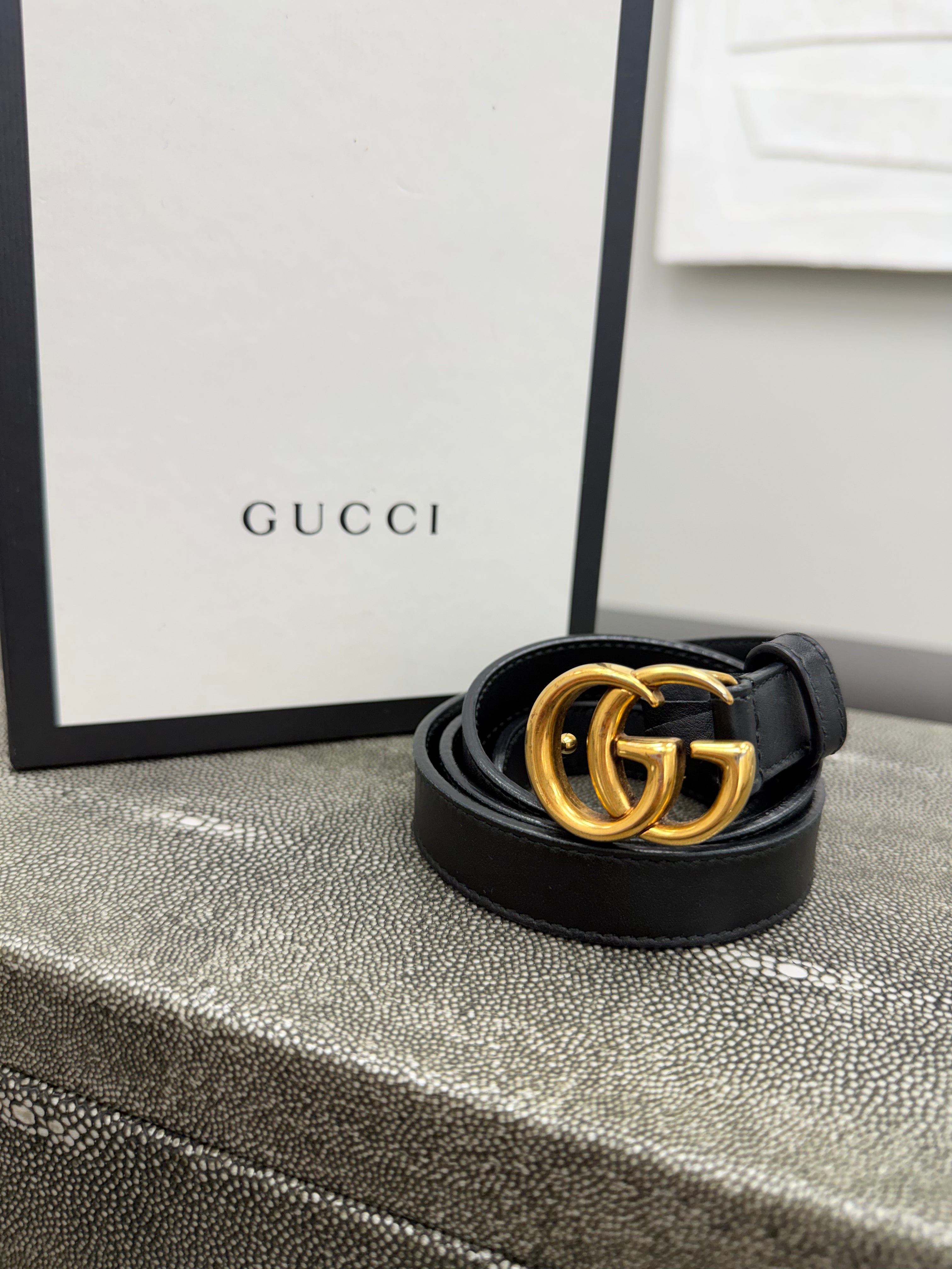 Gucci Black Leather GG Marmont Thin Belt Size 75
