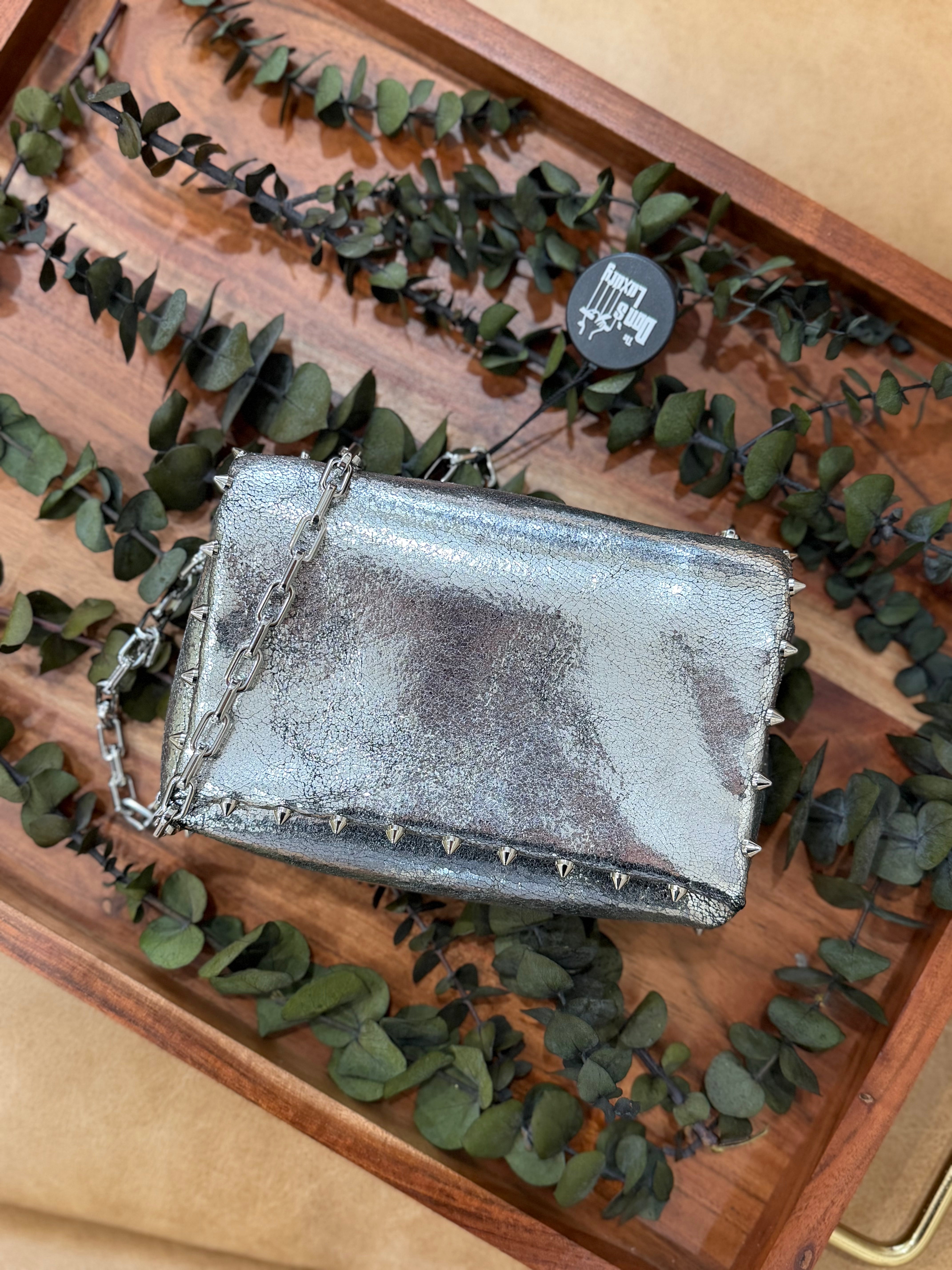 Christian Louboutin Silver Cracked Leather Mini Spiked Shoulder Bag