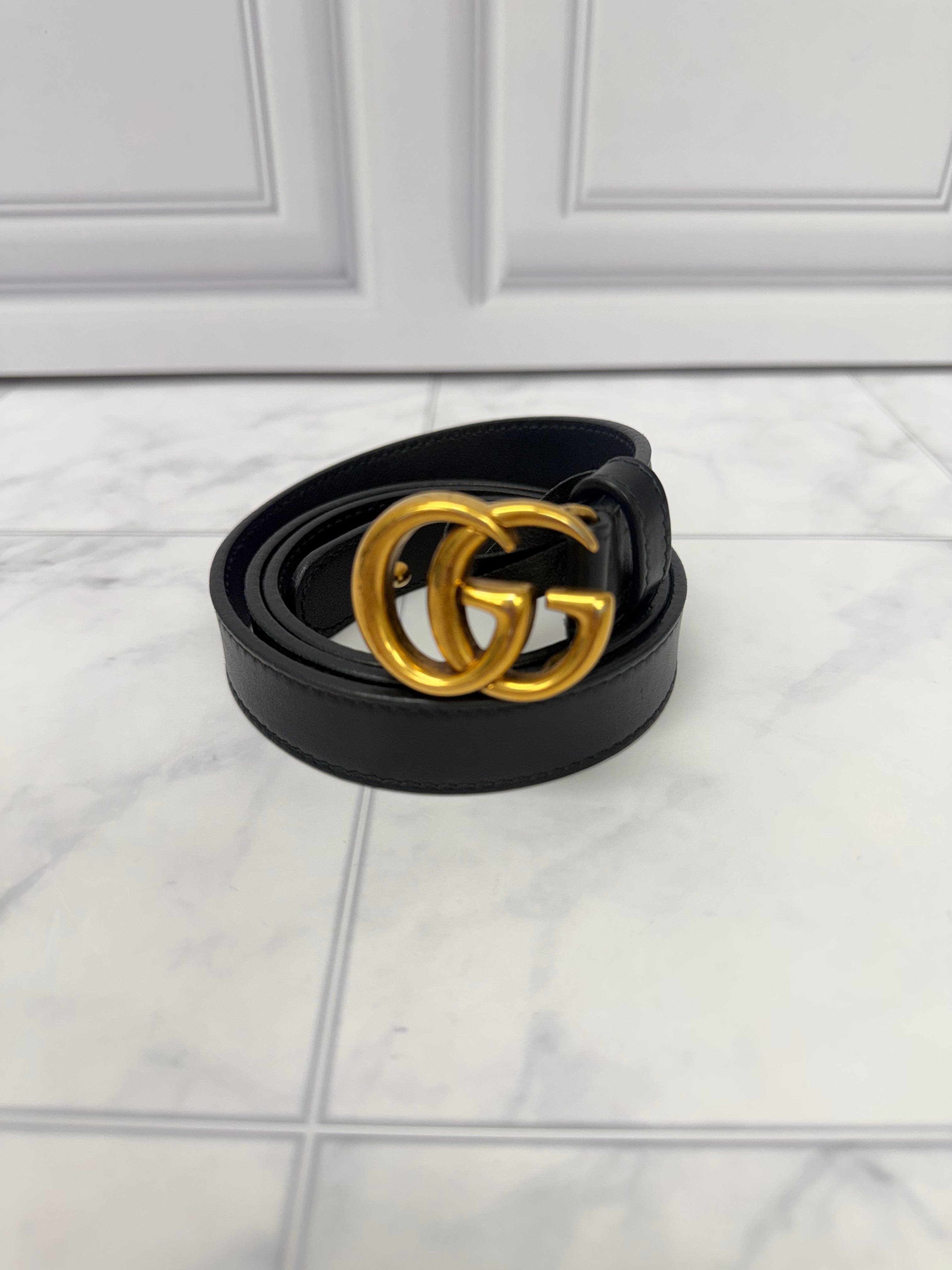 Gucci Black Leather GG Marmont Thin Belt Size 75
