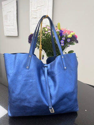Tiffany & Co Metallic Blue Leather Tote Bag