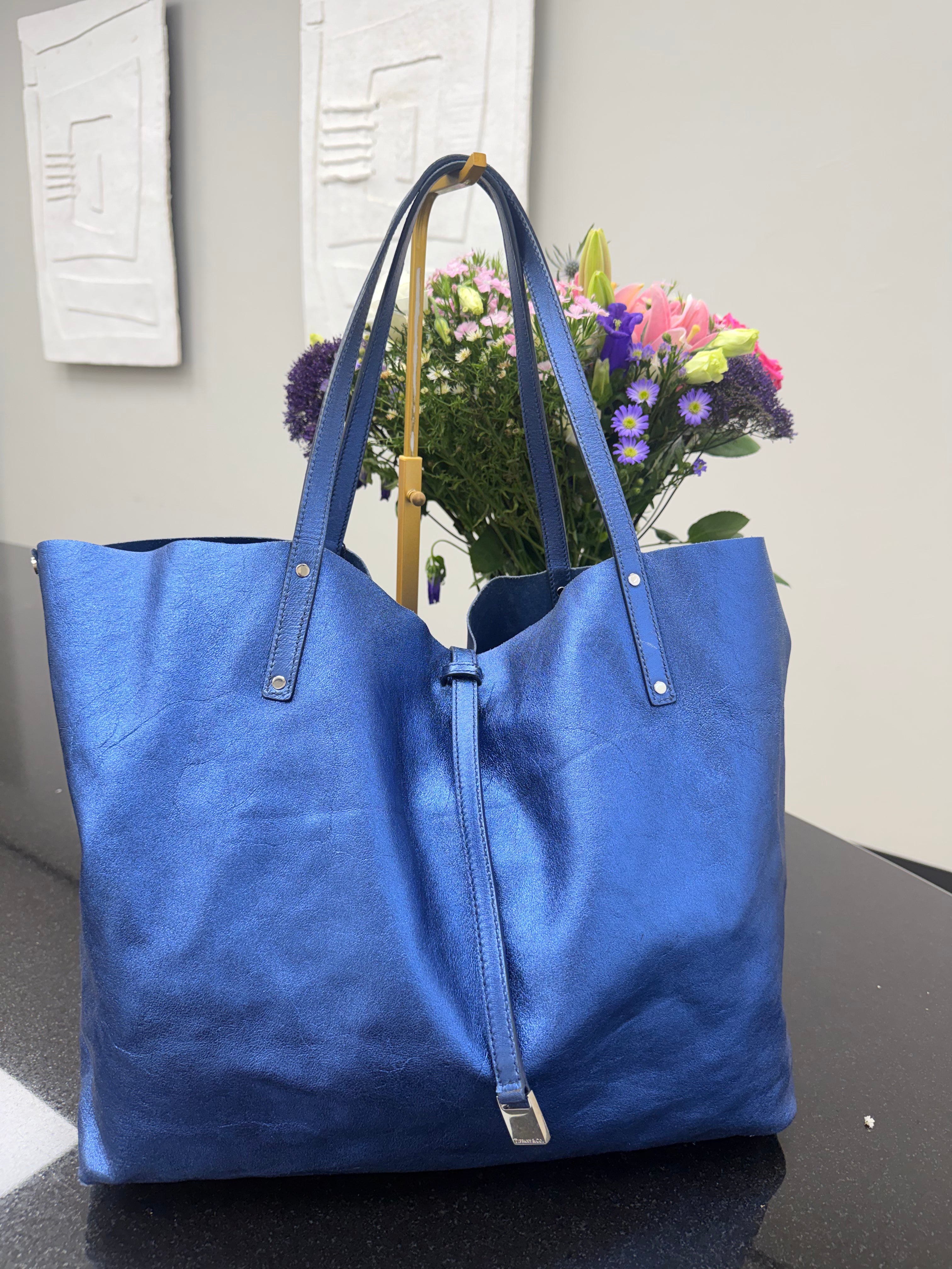 Tiffany & Co Metallic Blue Leather Tote Bag