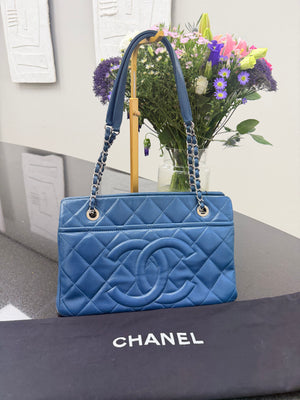 Chanel Blue Caviar Leather CC Timeless Shopping Tote Bag