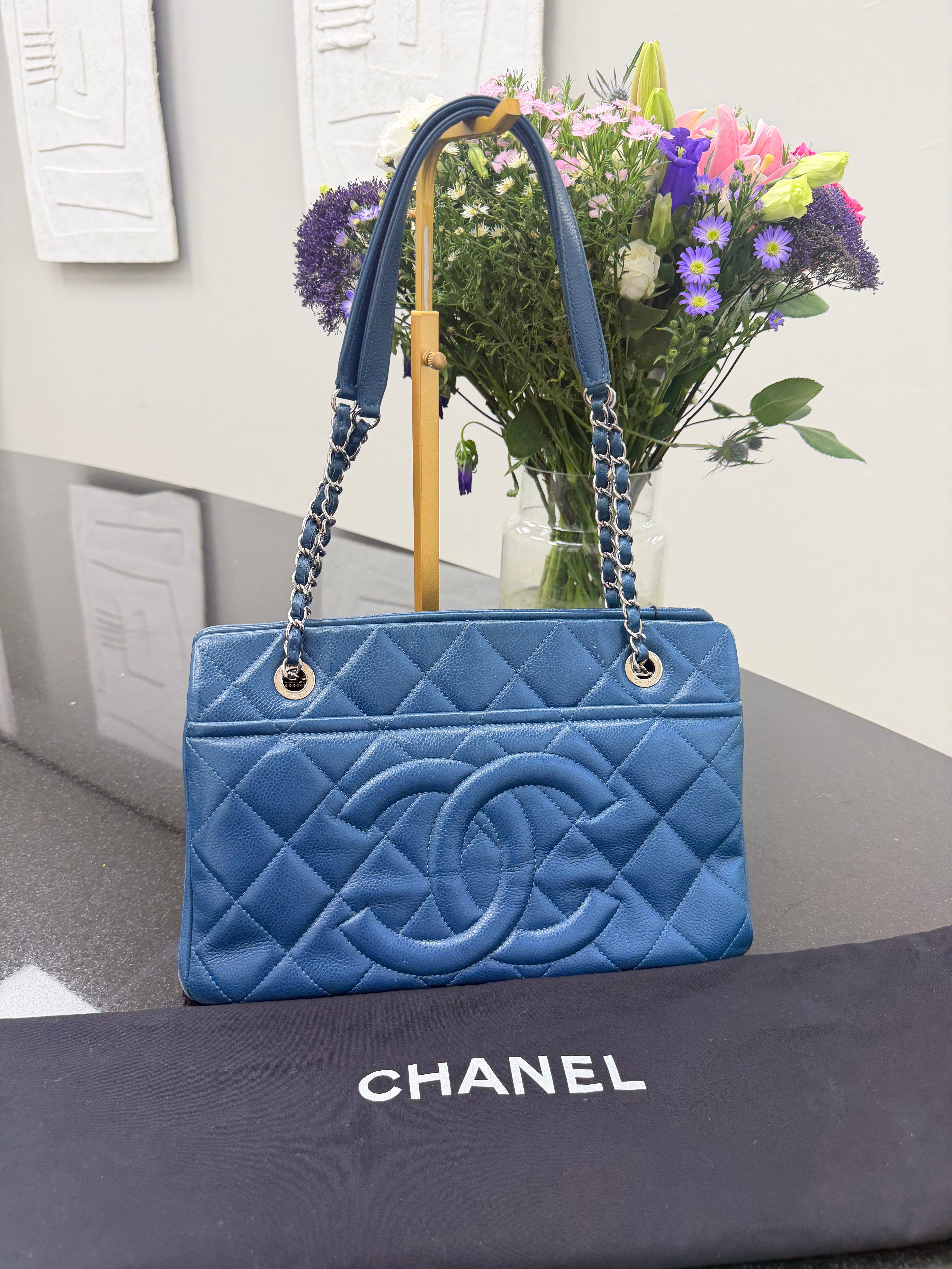 Chanel Blue Caviar Leather CC Timeless Shopping Tote Bag