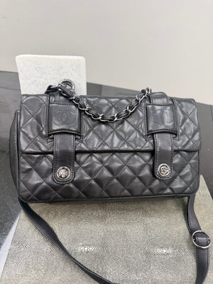 Chanel Black Lambskin Leather Mix Messenger Shoulder Bag