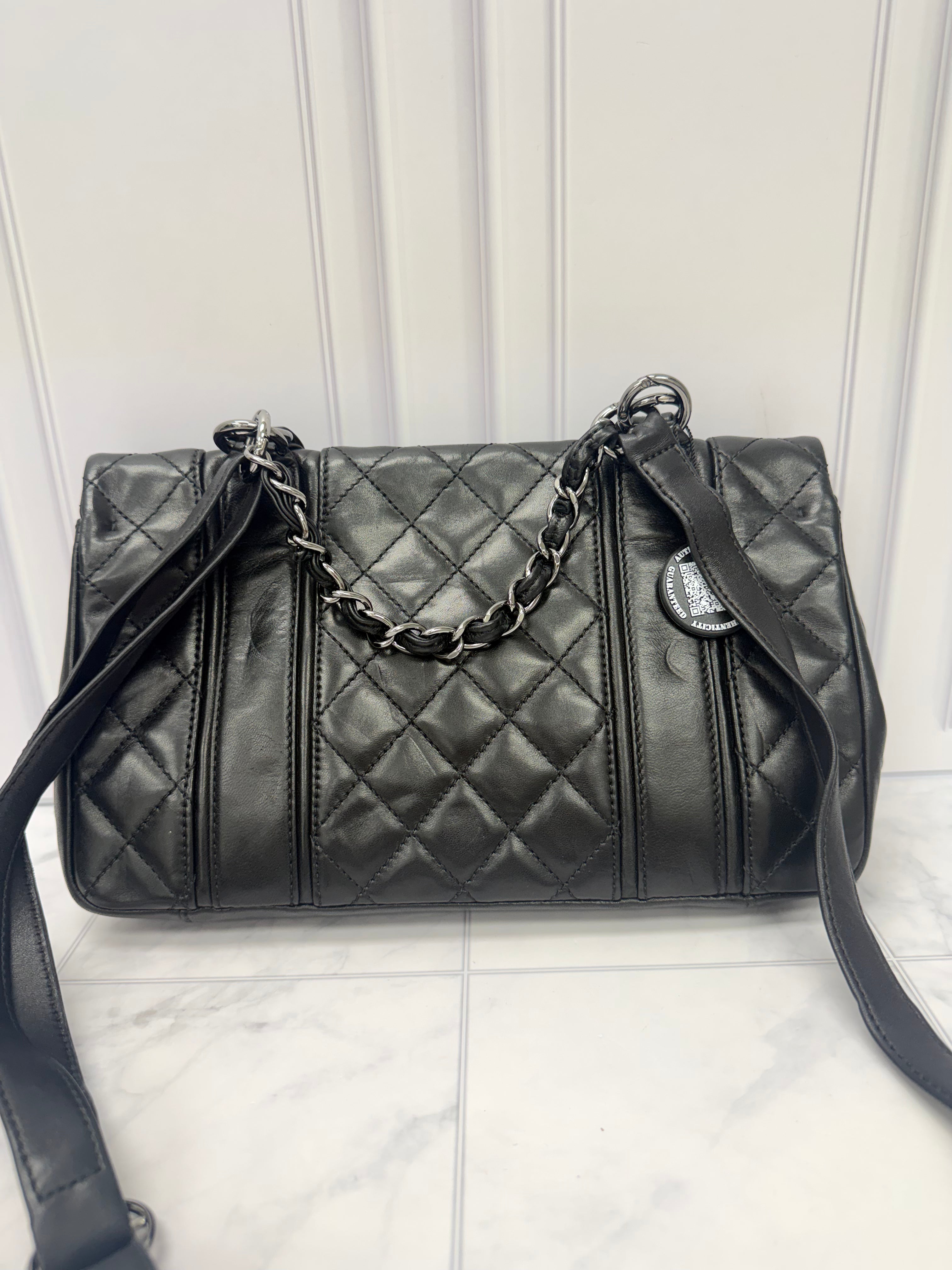 Chanel Black Lambskin Leather Mix Messenger Shoulder Bag