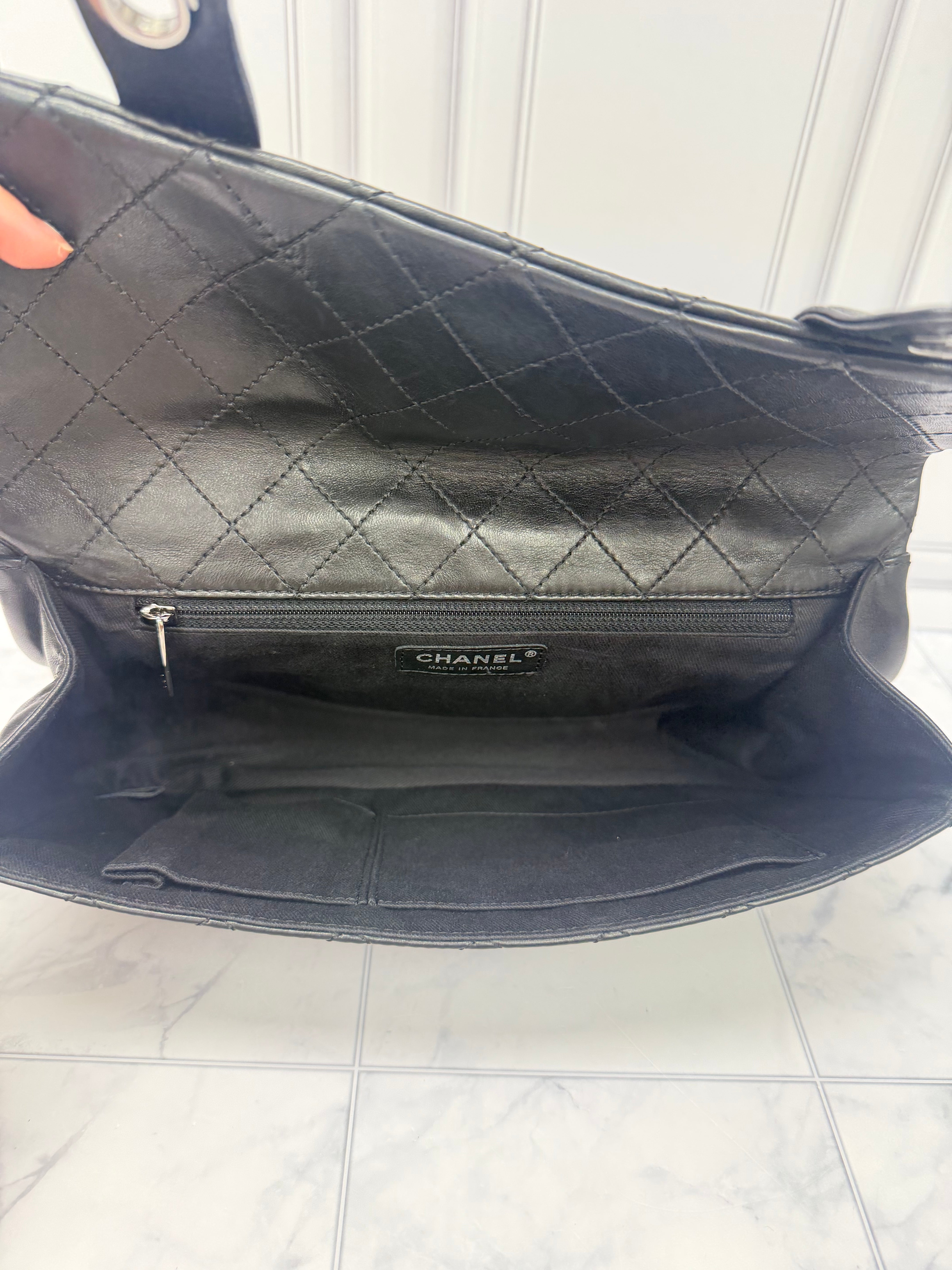 Chanel Black Lambskin Leather Mix Messenger Shoulder Bag