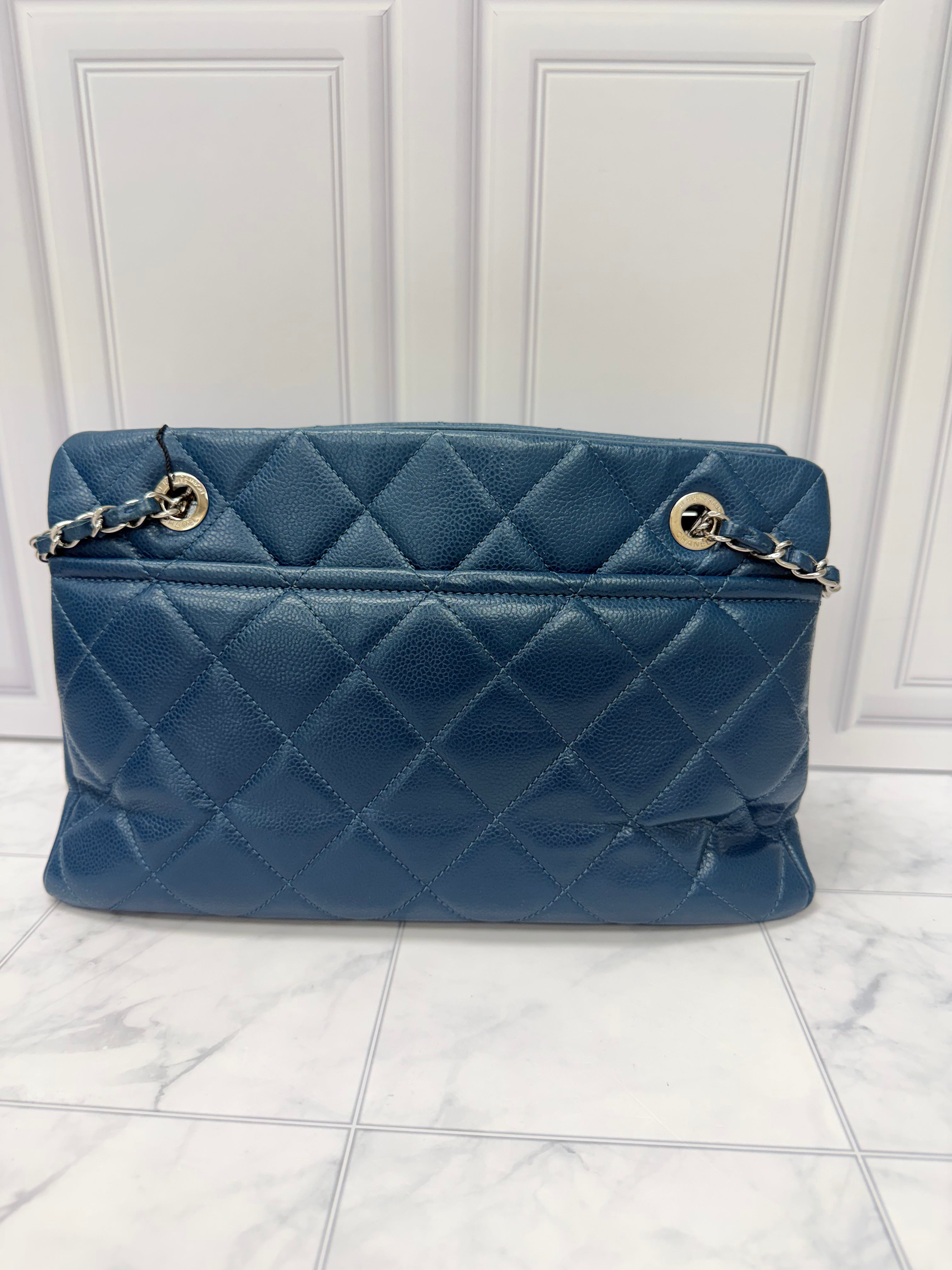 Chanel Blue Caviar Leather CC Timeless Shopping Tote Bag