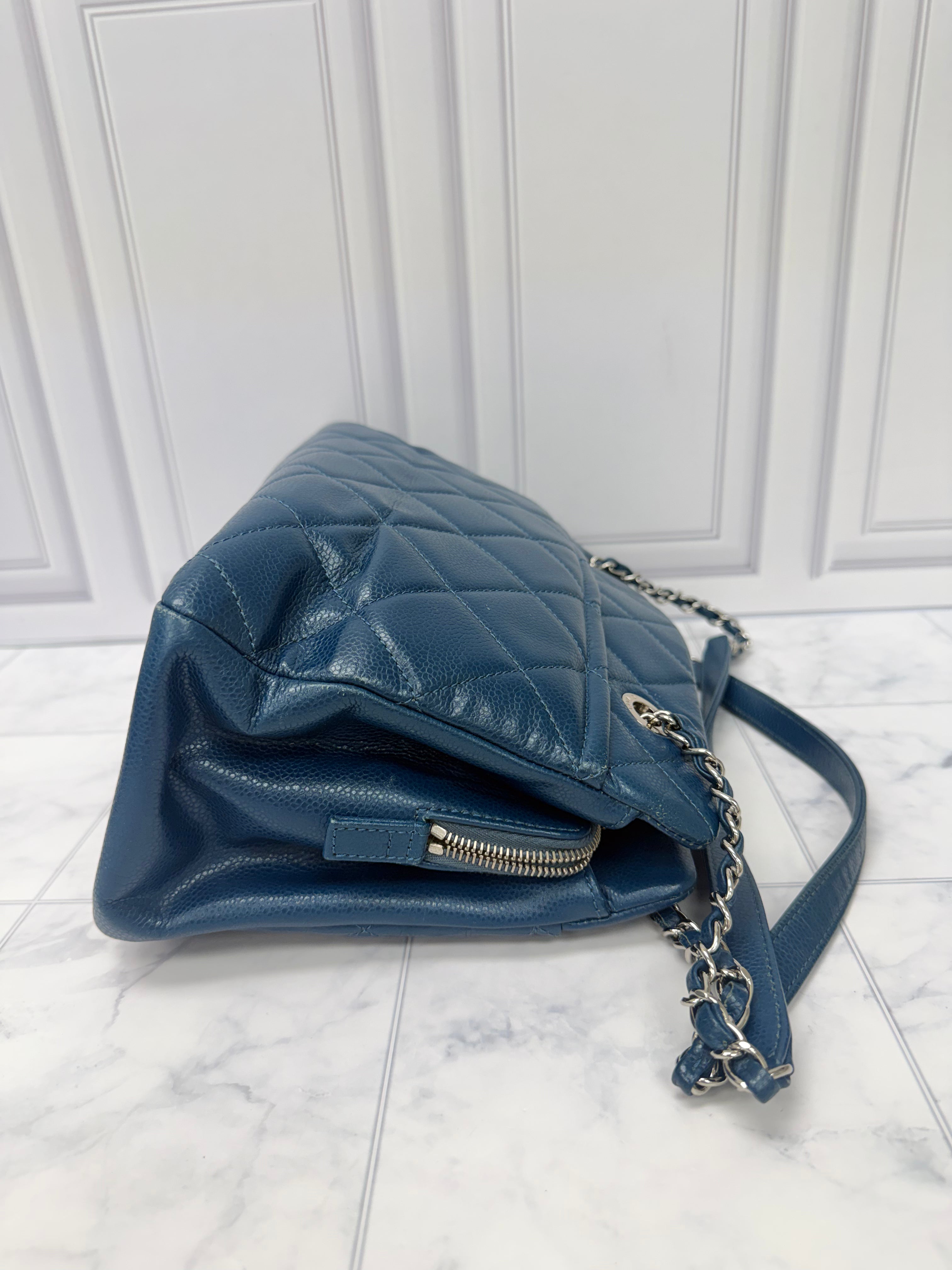 Chanel Blue Caviar Leather CC Timeless Shopping Tote Bag