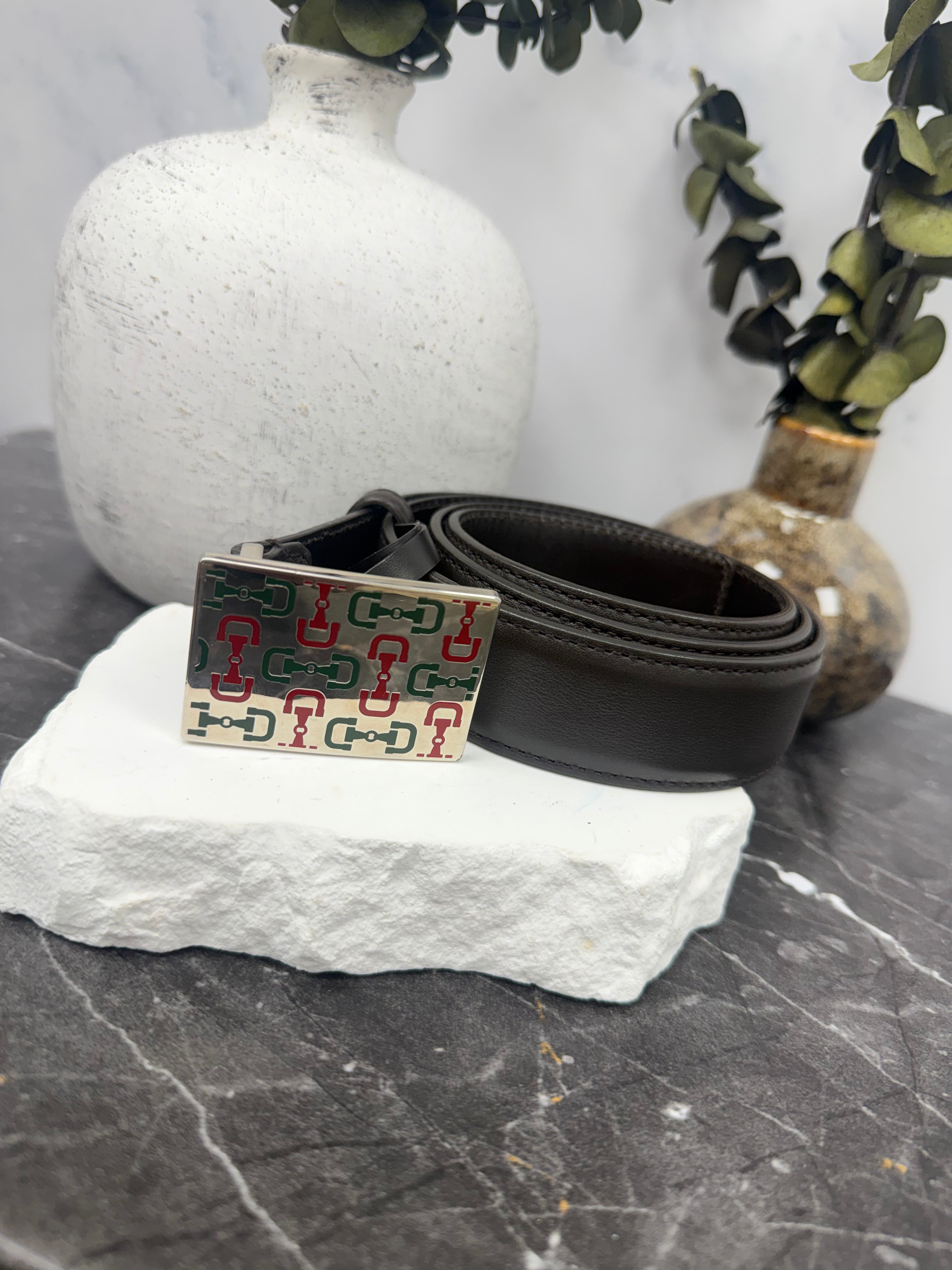 Gucci Brown Leather Horsebit Silver Buckle Belt Size 90