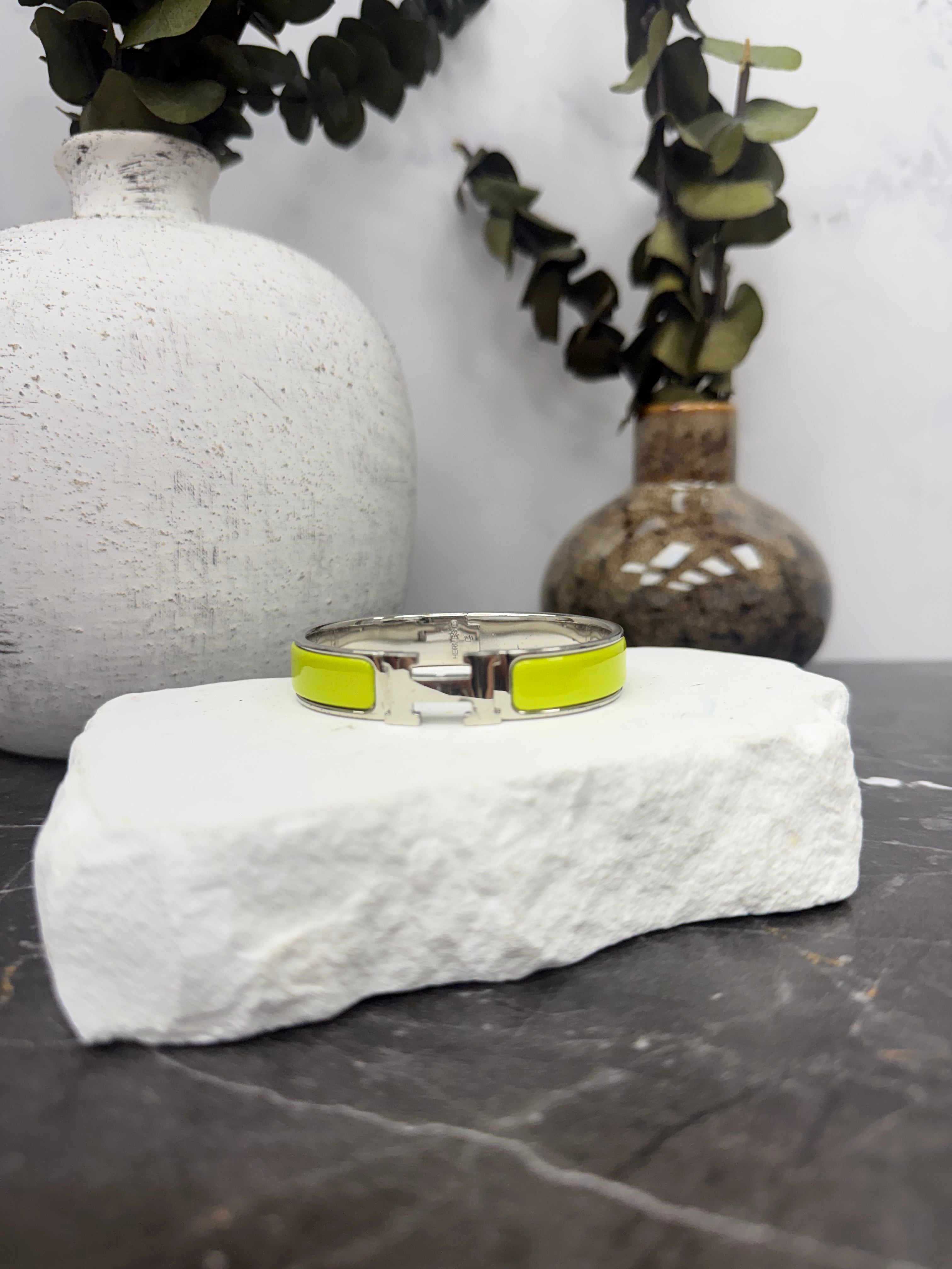 Hermes Green Enamel And Silver Clic H Bracelet