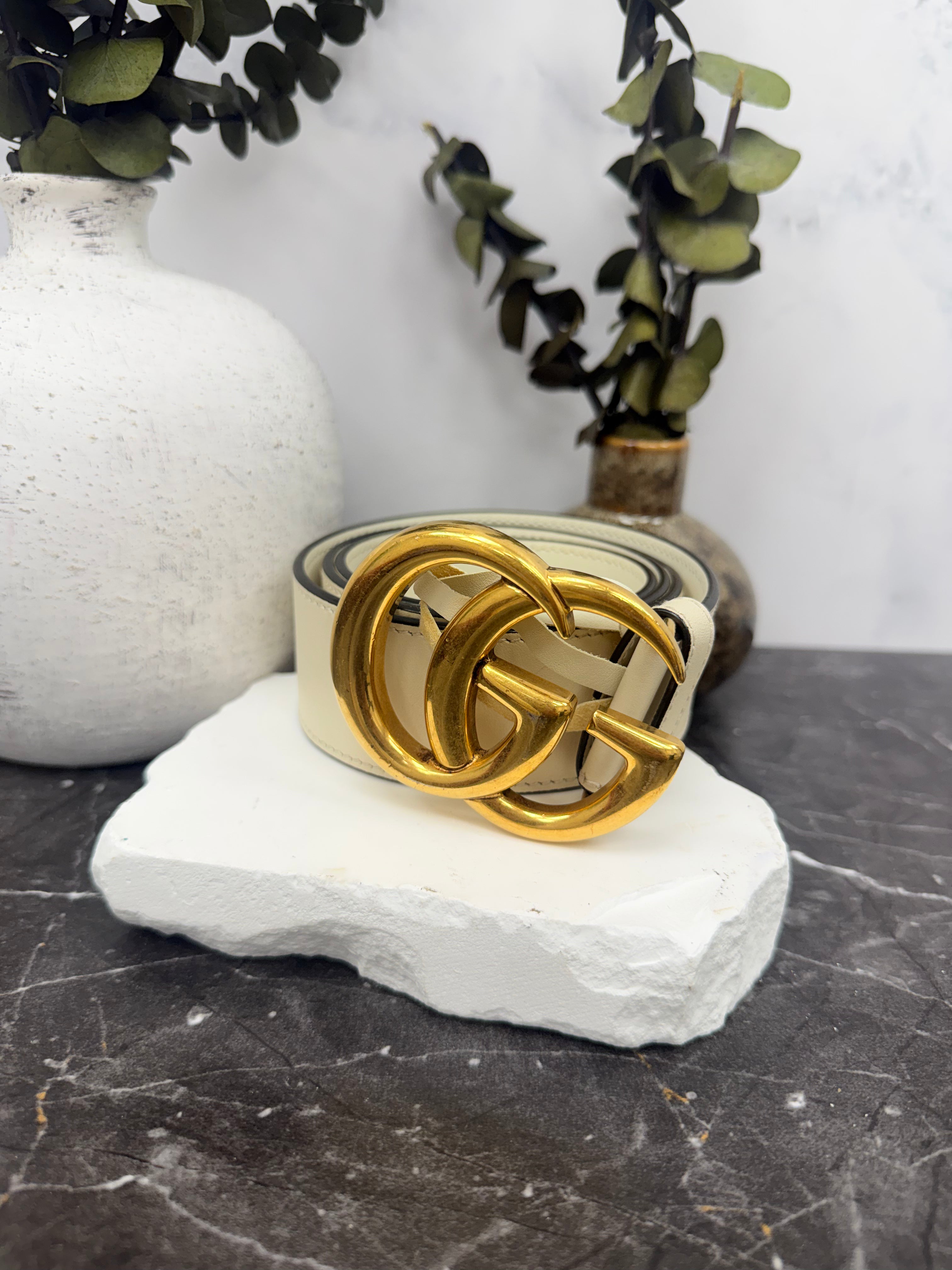 Gucci Cream Leather GG Marmont Belt Size 85