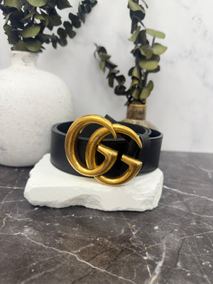 Gucci Black Leather GG Marmont Wide Belt Size 80