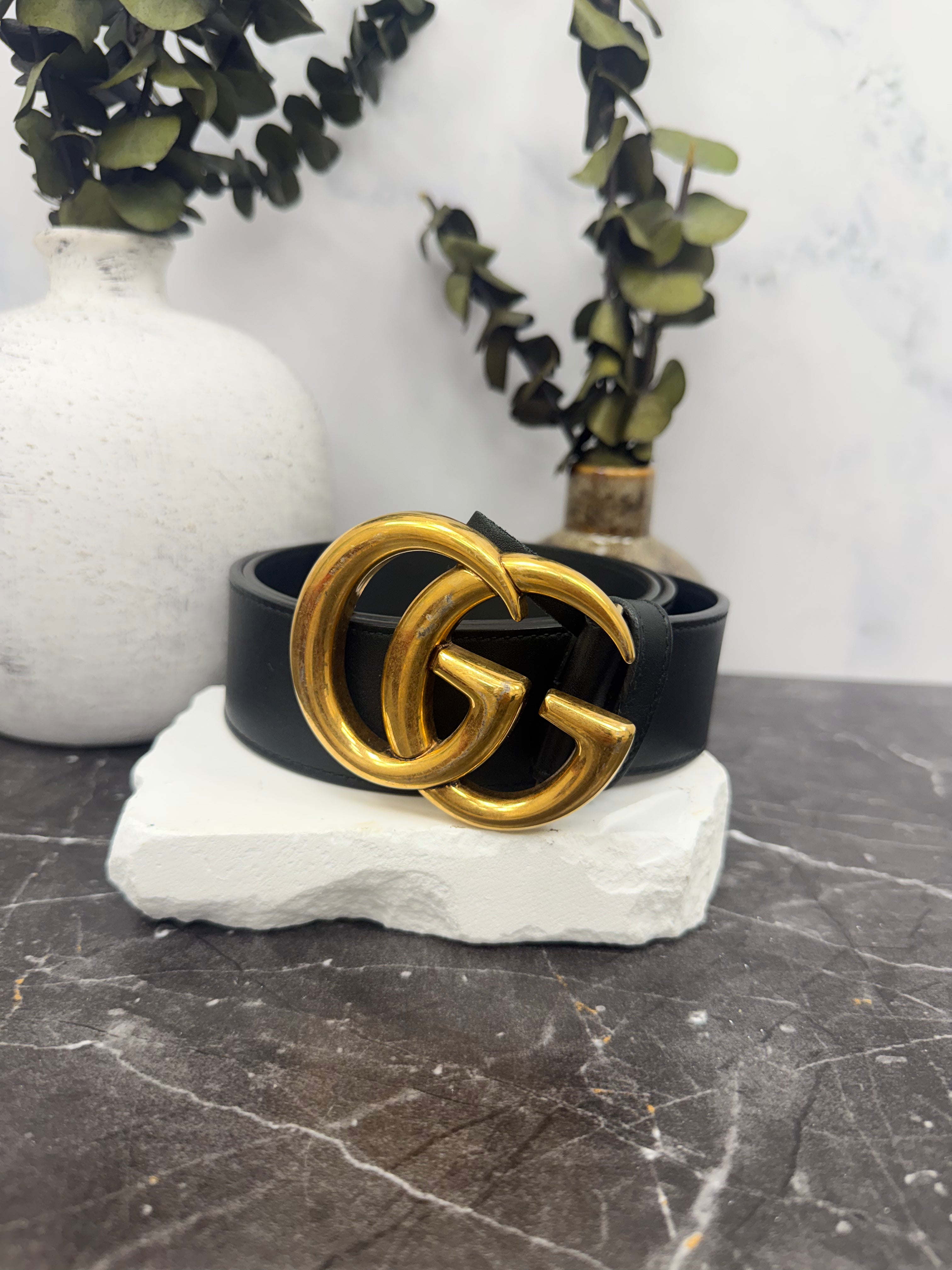 Gucci Black Leather GG Marmont Wide Belt Size 80