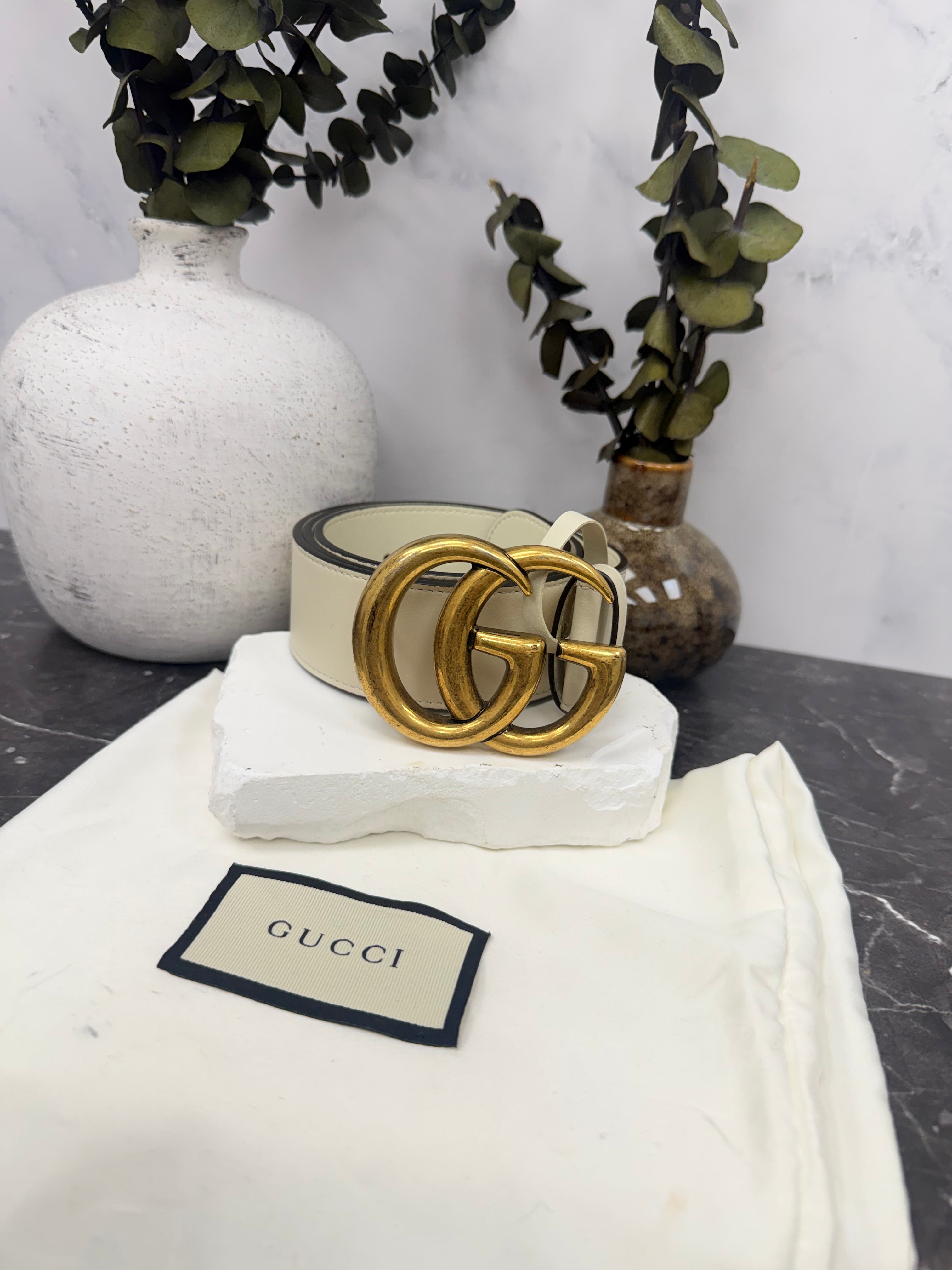 Gucci Ivory Leather GG Marmont Belt Size 85