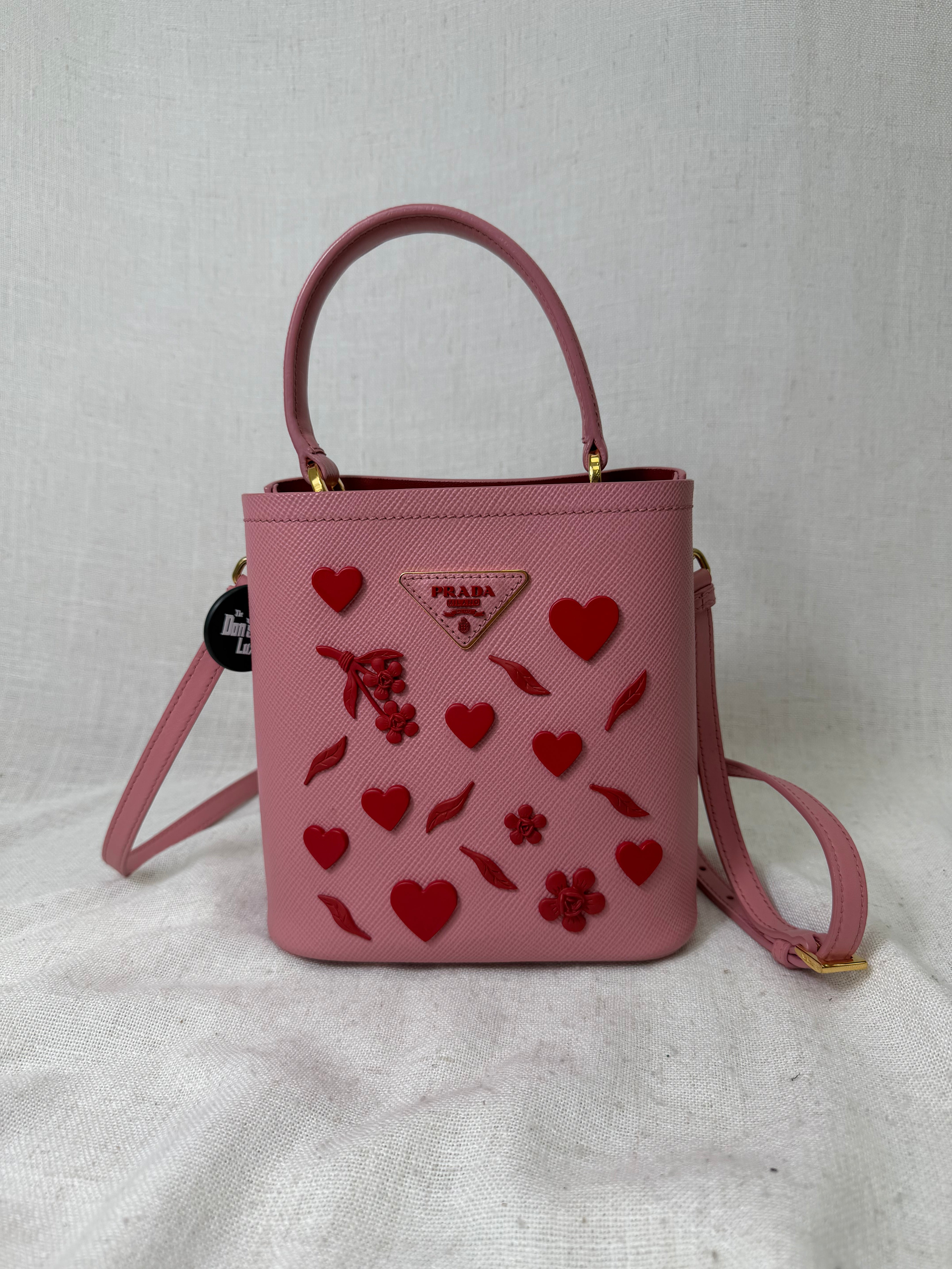 Prada Petal Pink Saffiano Leather City Calf Heart And Flower Bucket Bag