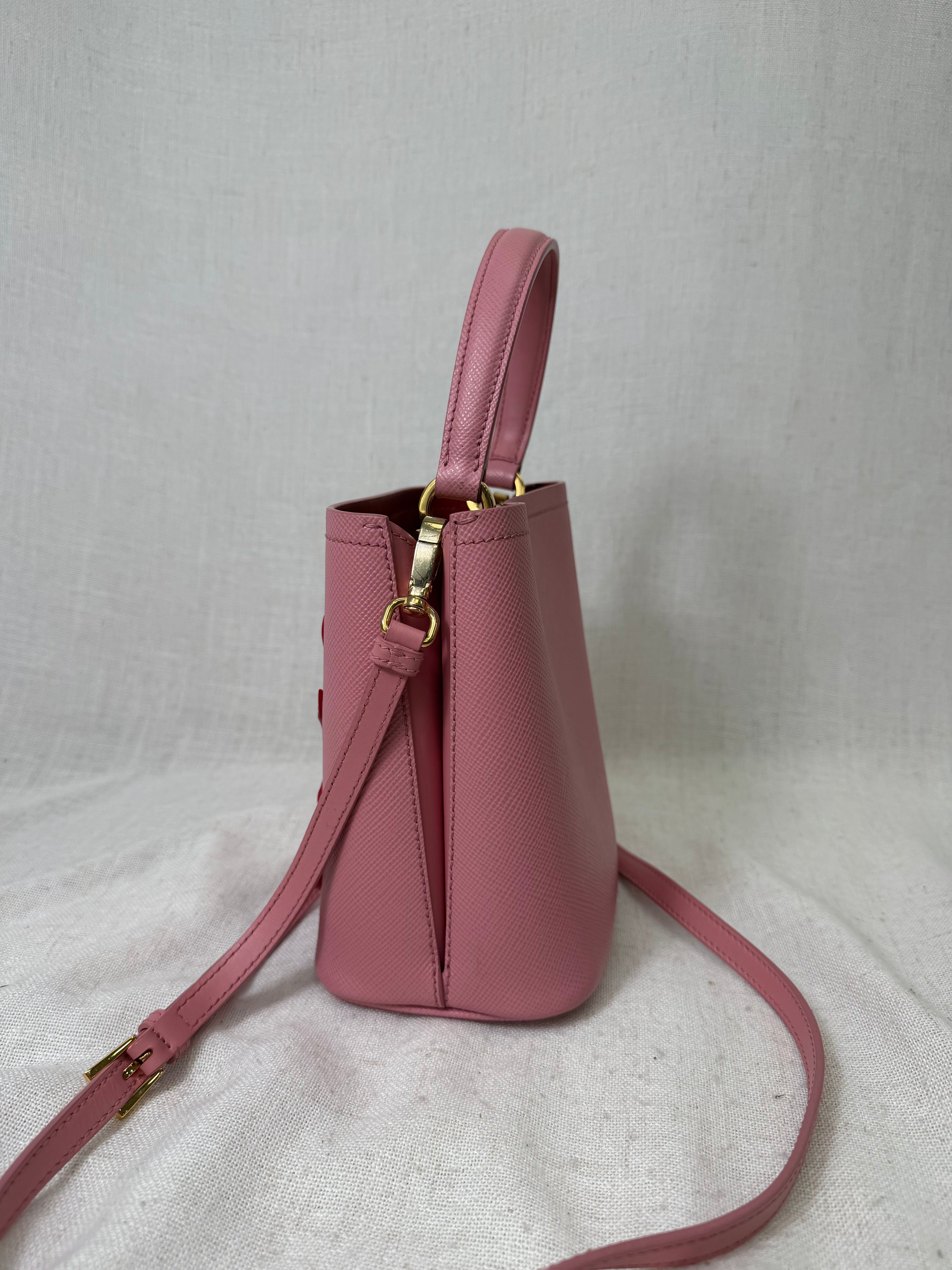 Prada Petal Pink Saffiano Leather City Calf Heart And Flower Bucket Bag