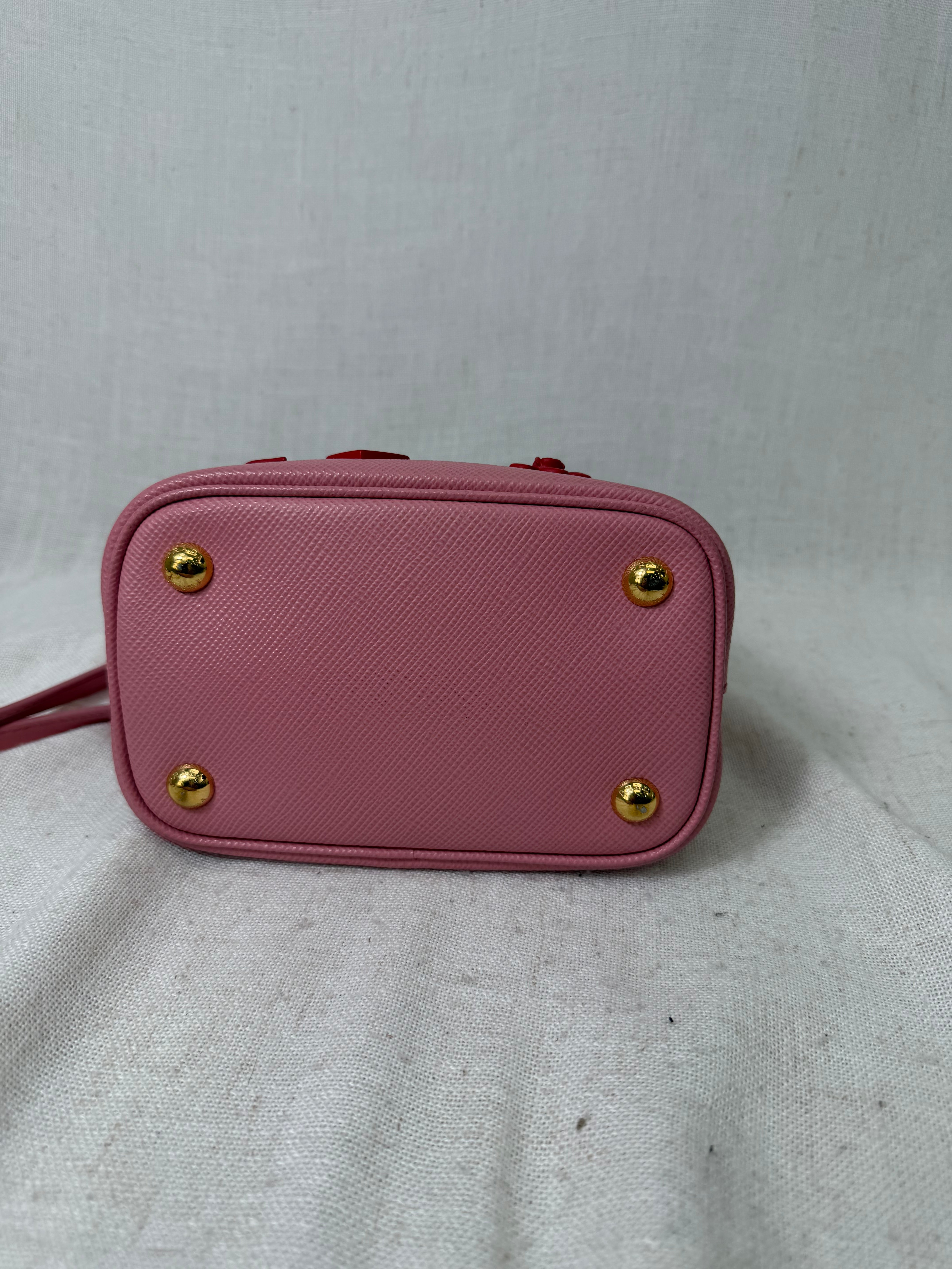 Prada Petal Pink Saffiano Leather City Calf Heart And Flower Bucket Bag