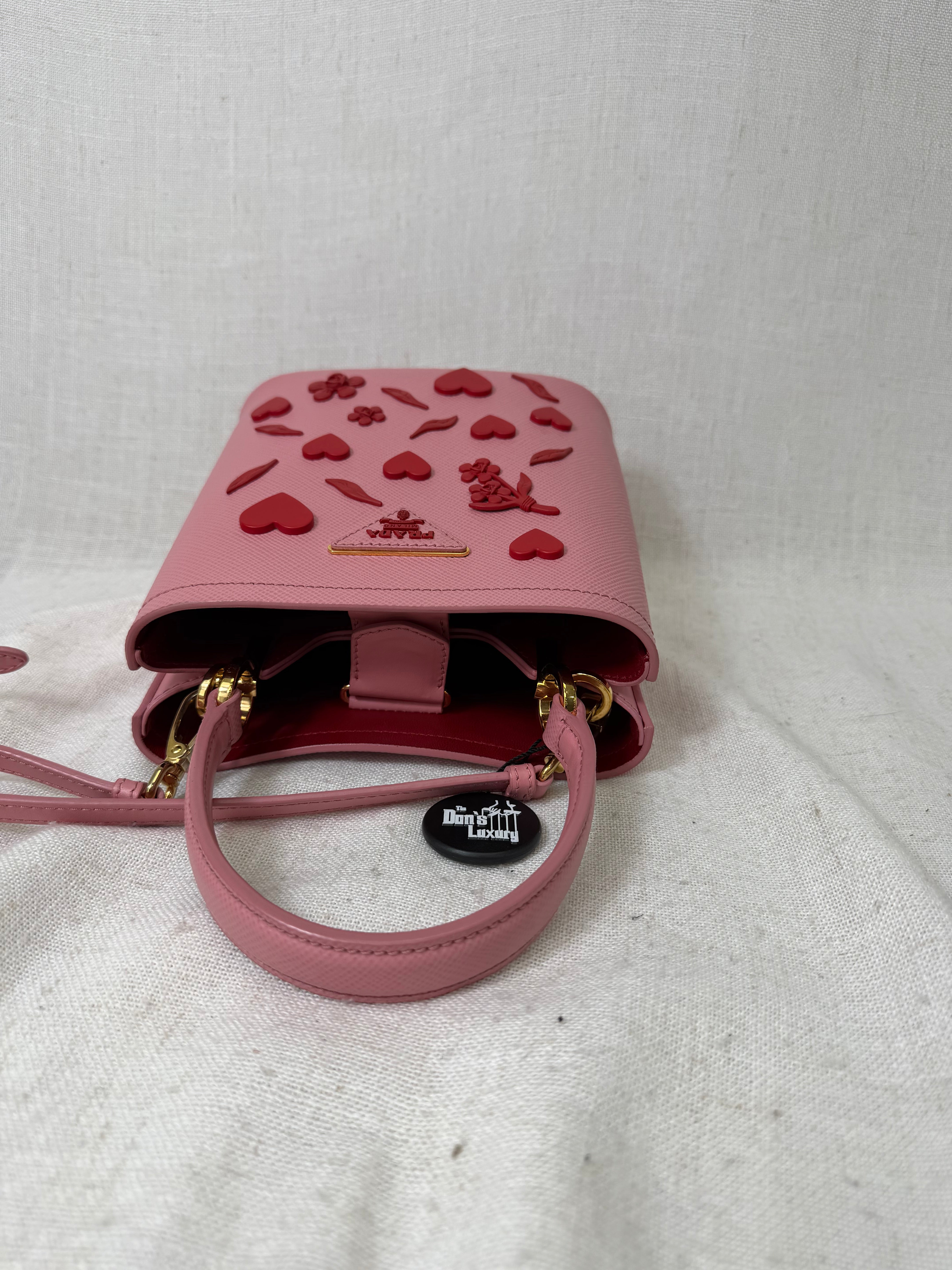 Prada Petal Pink Saffiano Leather City Calf Heart And Flower Bucket Bag