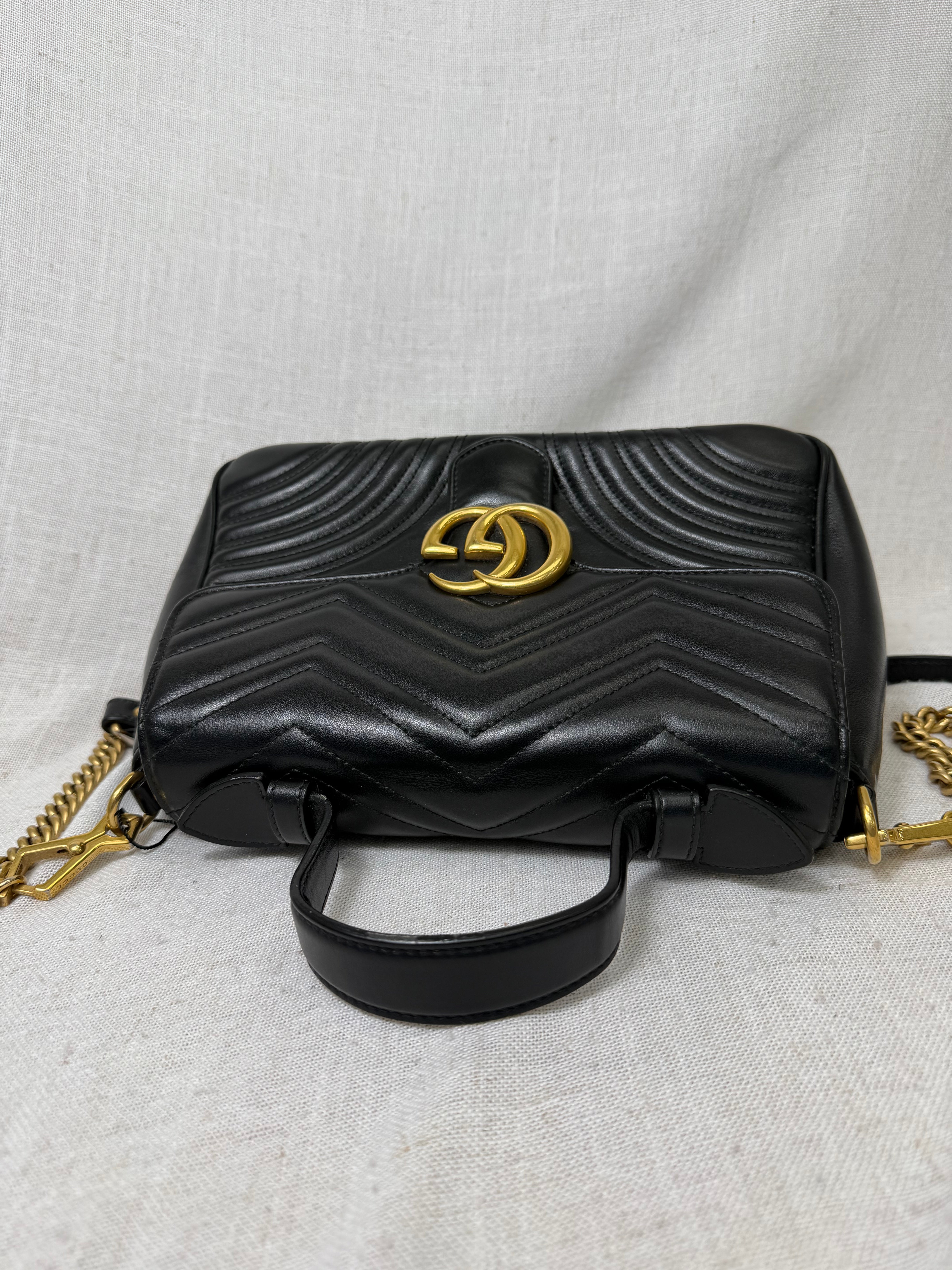 Gucci Black Leather GG Marmont Top Handle Bag