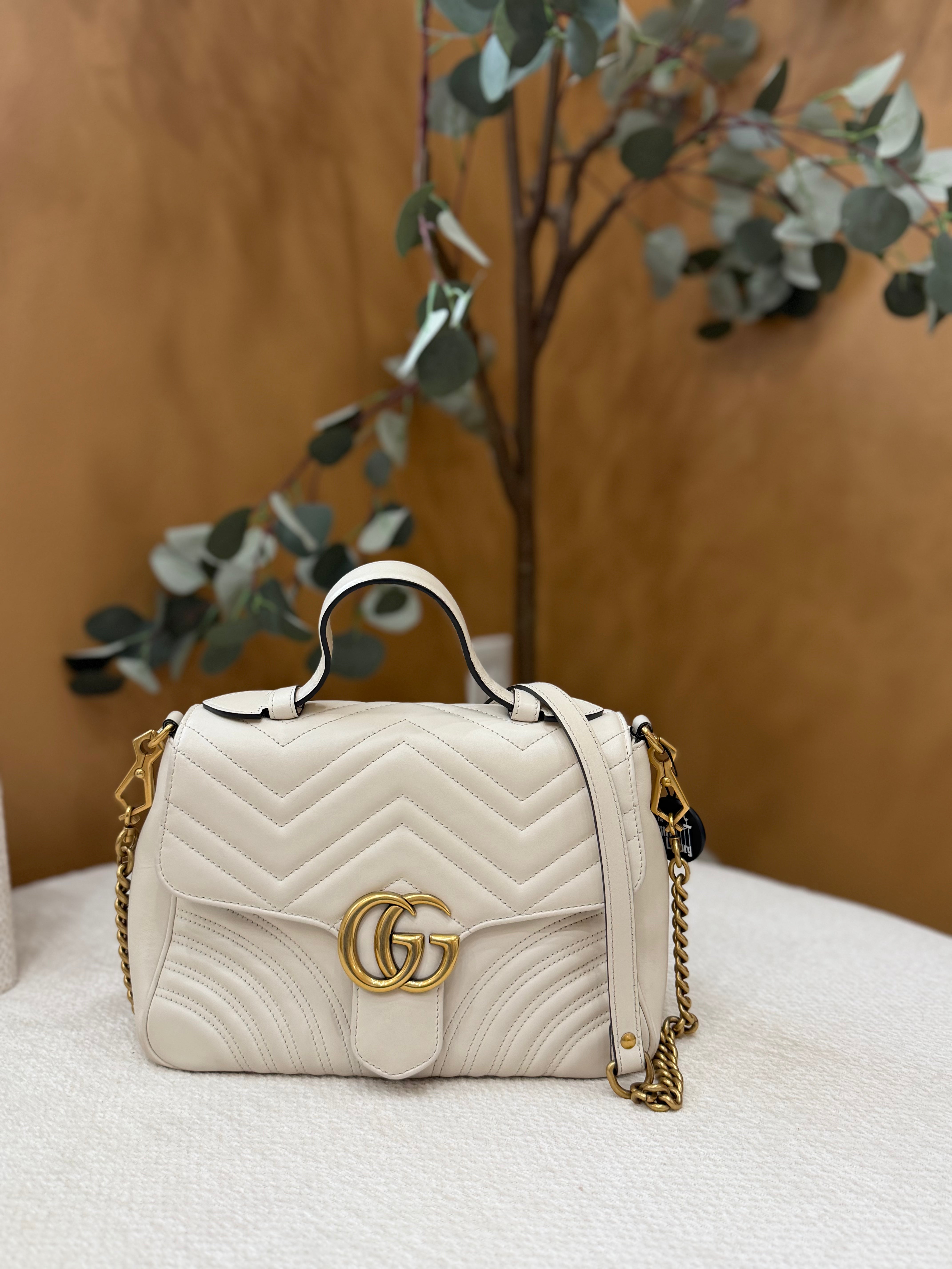 Gucci Cream Leather GG Small Marmont Top Handle Bag