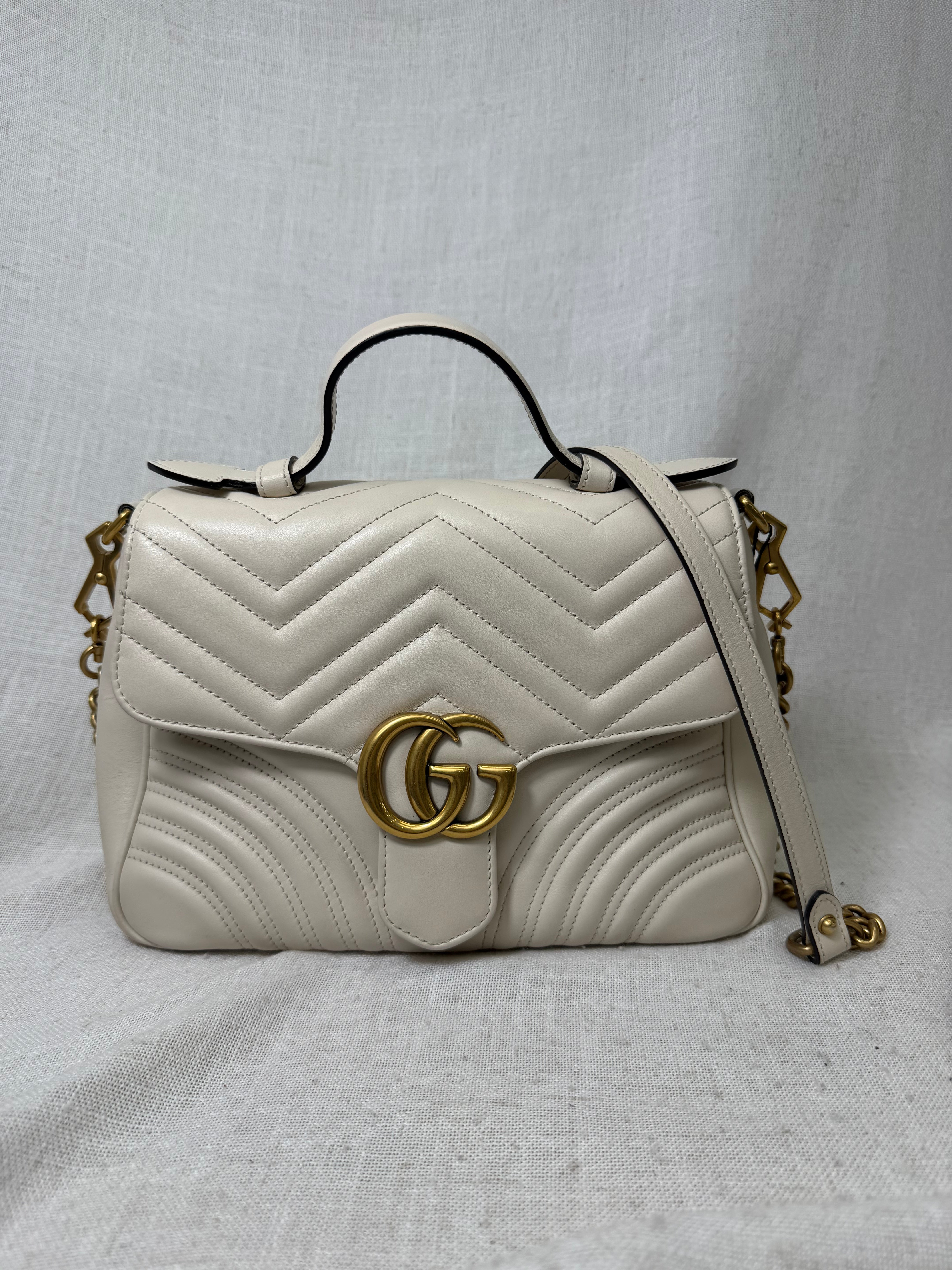 Gucci Cream Leather GG Small Marmont Top Handle Bag