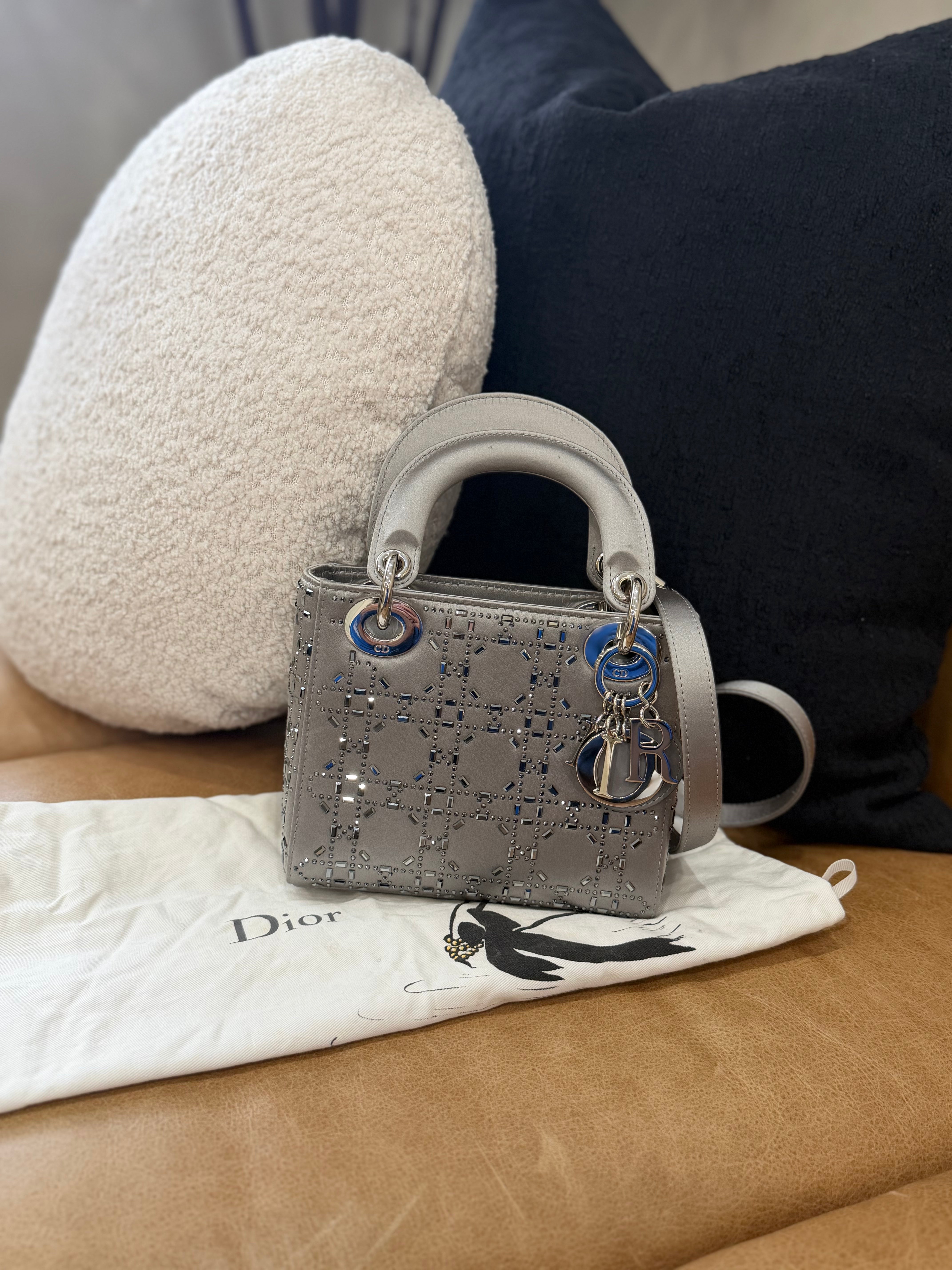 Christian Dior Grey Satin Crystal Mini Lady Dior Handbag