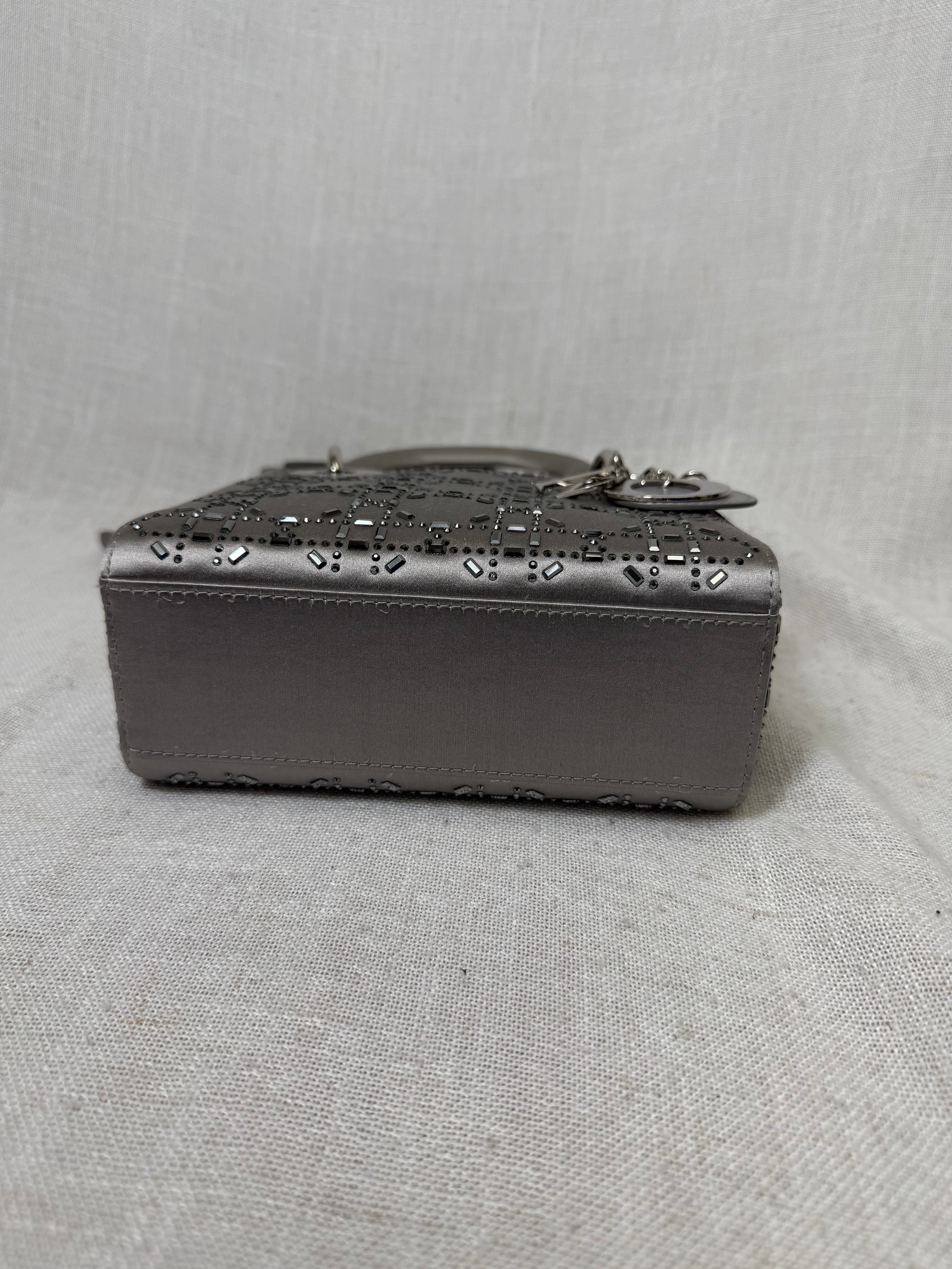 Christian Dior Grey Satin Crystal Mini Lady Dior Handbag