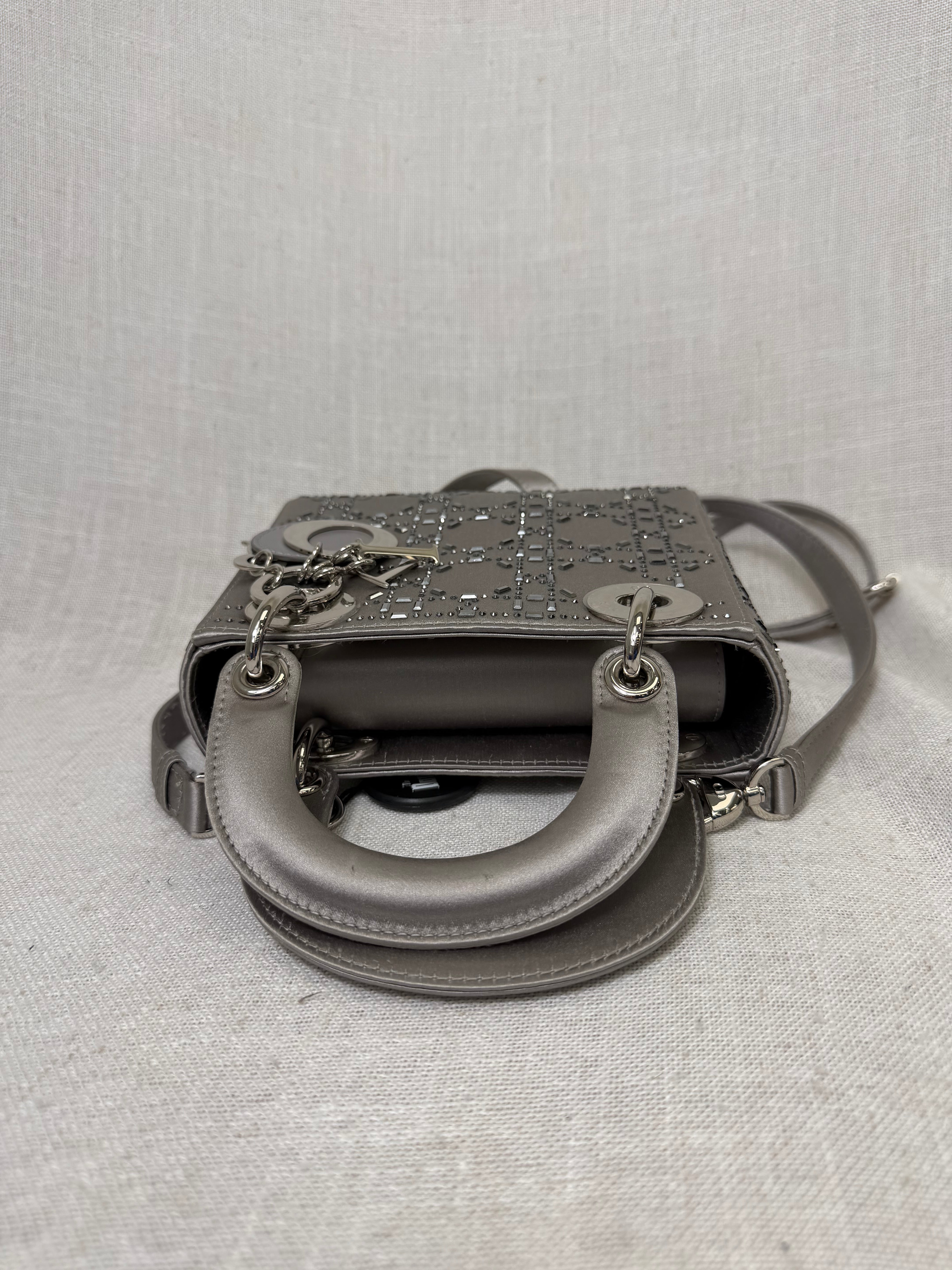 Christian Dior Grey Satin Crystal Mini Lady Dior Handbag