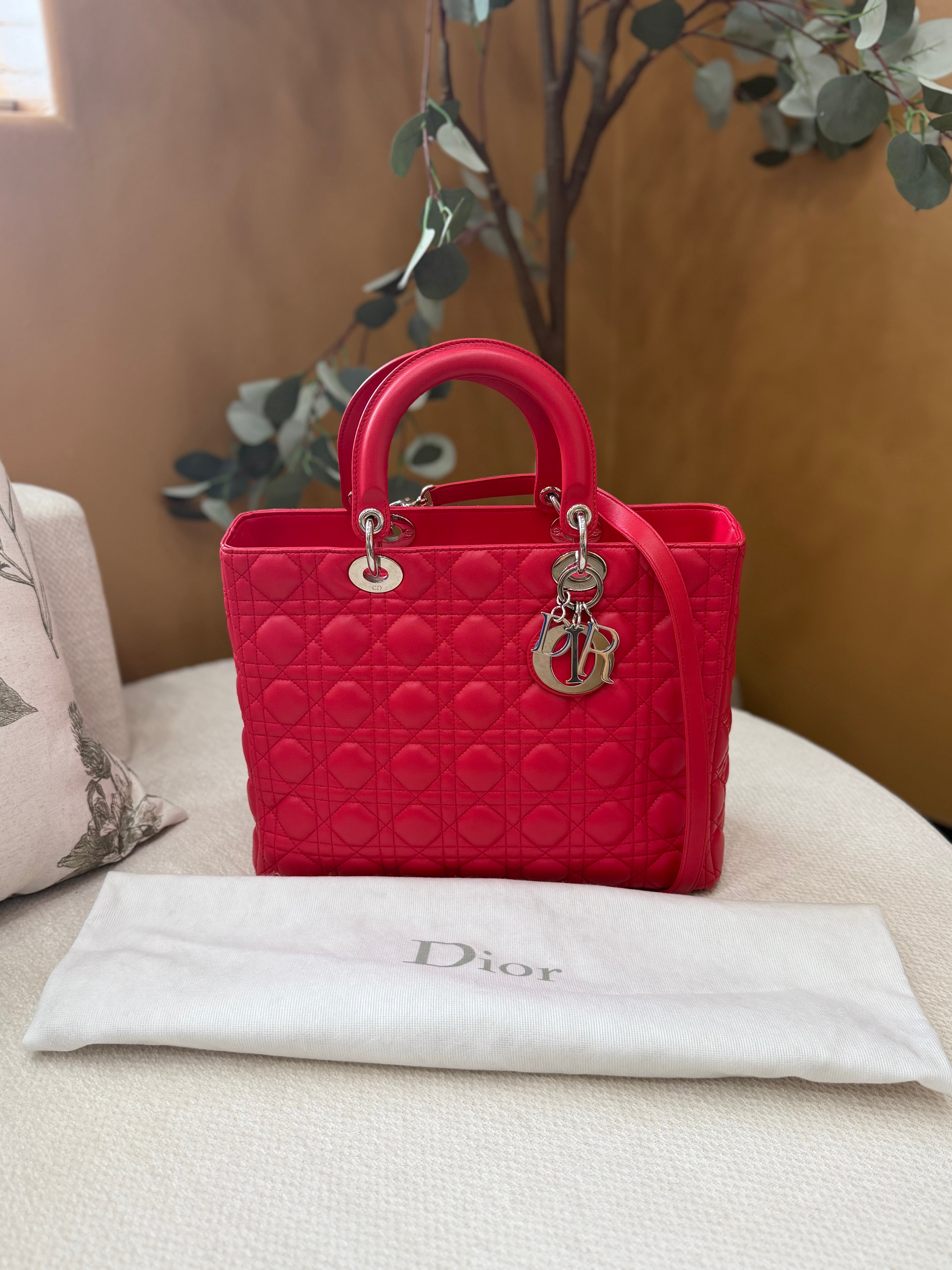 Christian Dior Red Leather Large Lady Dior Handbag