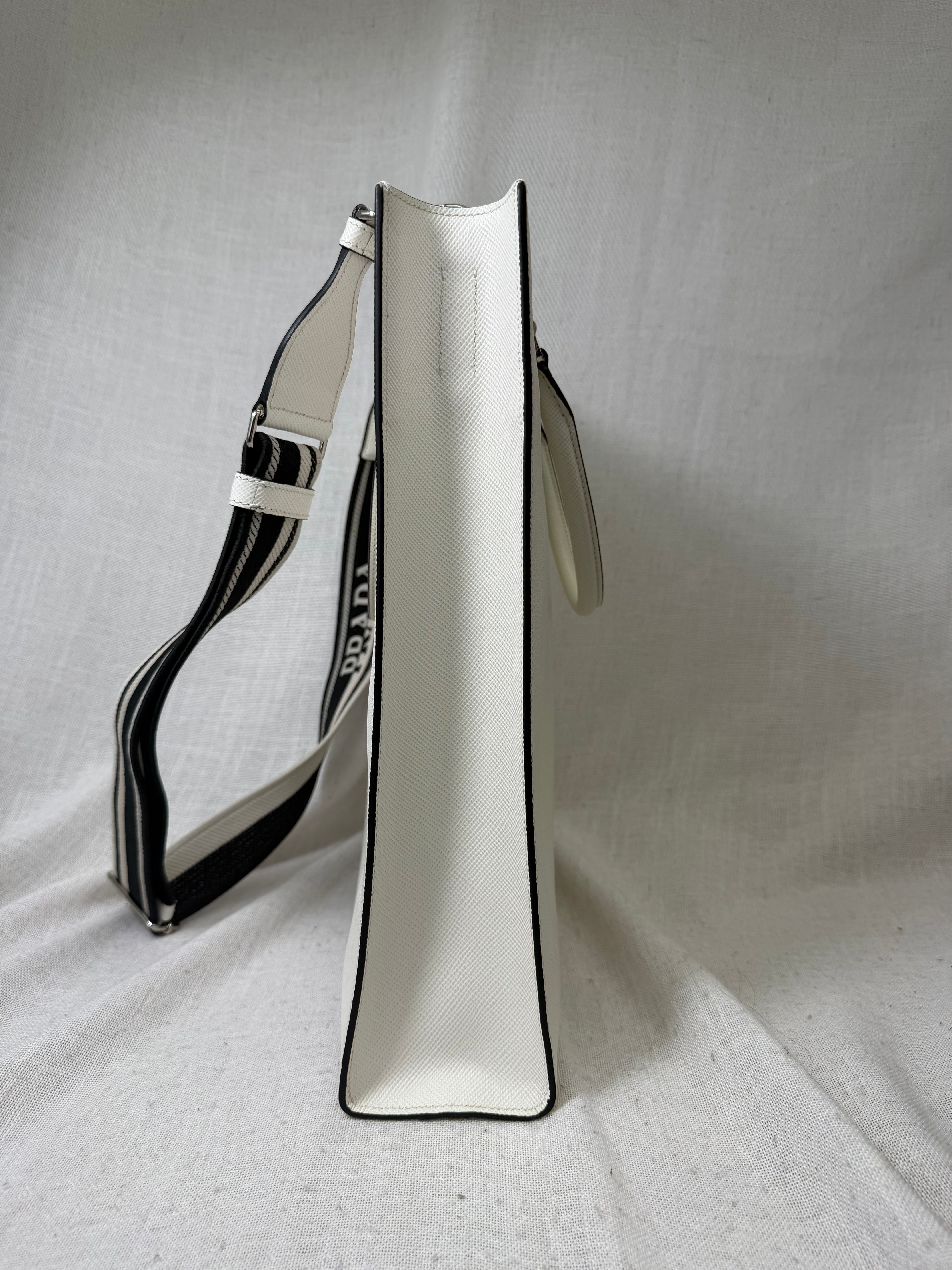 Prada White Saffiano Leather Embossed Triangle Tote Bag