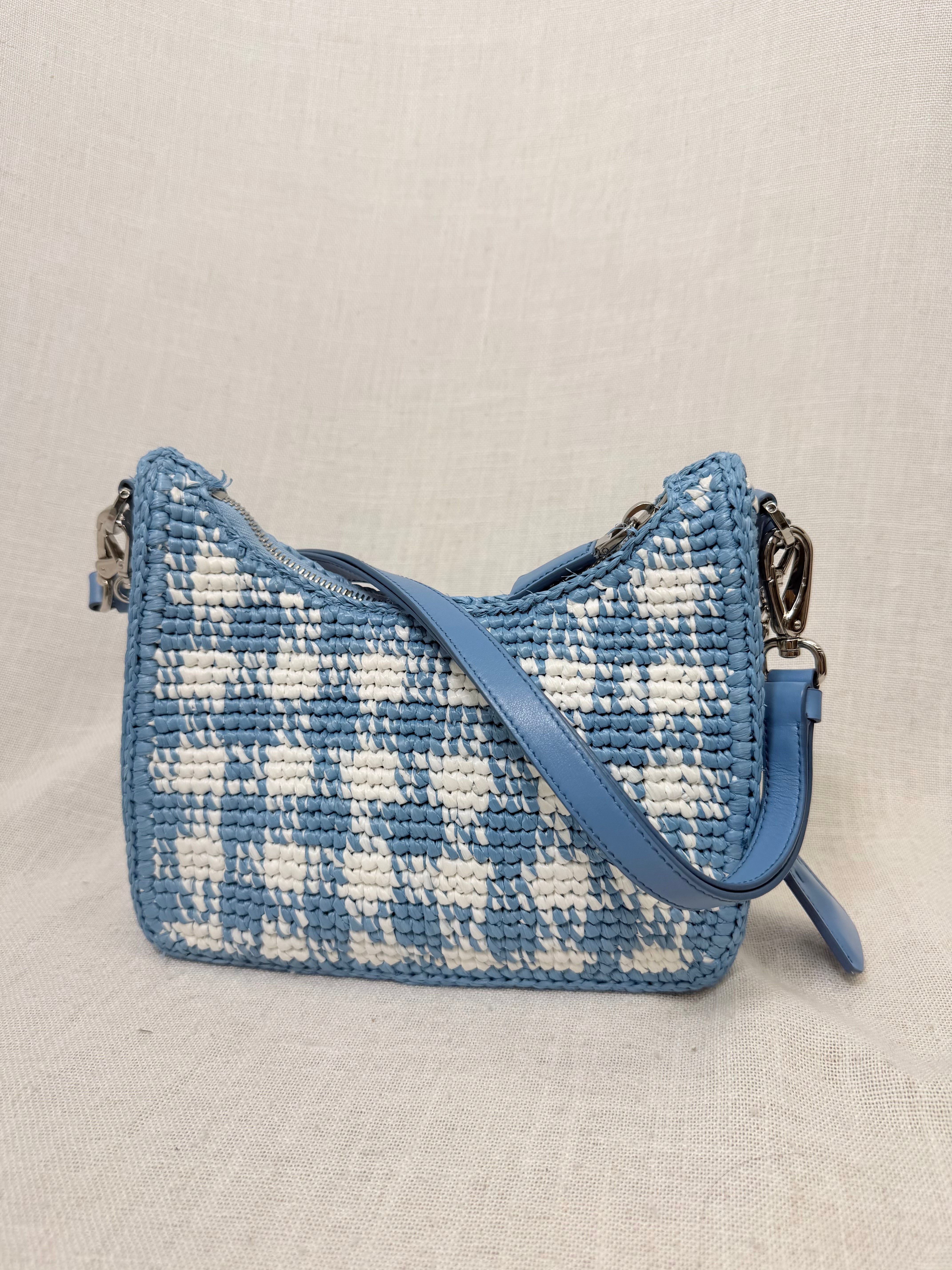 Prada Blue Checkered Gingham Raffia Re-Edition Shoulder Bag