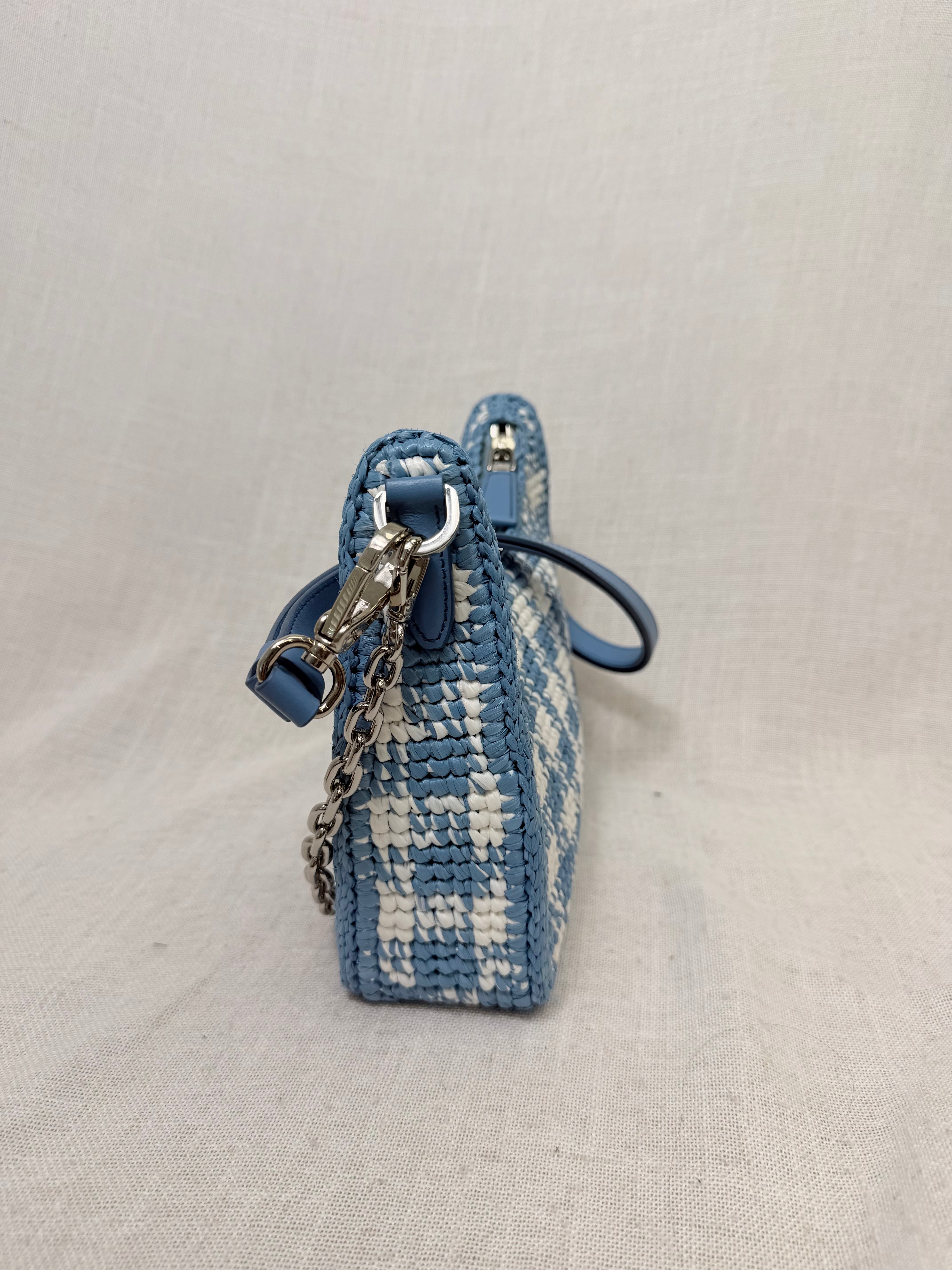 Prada Blue Checkered Gingham Raffia Re-Edition Shoulder Bag
