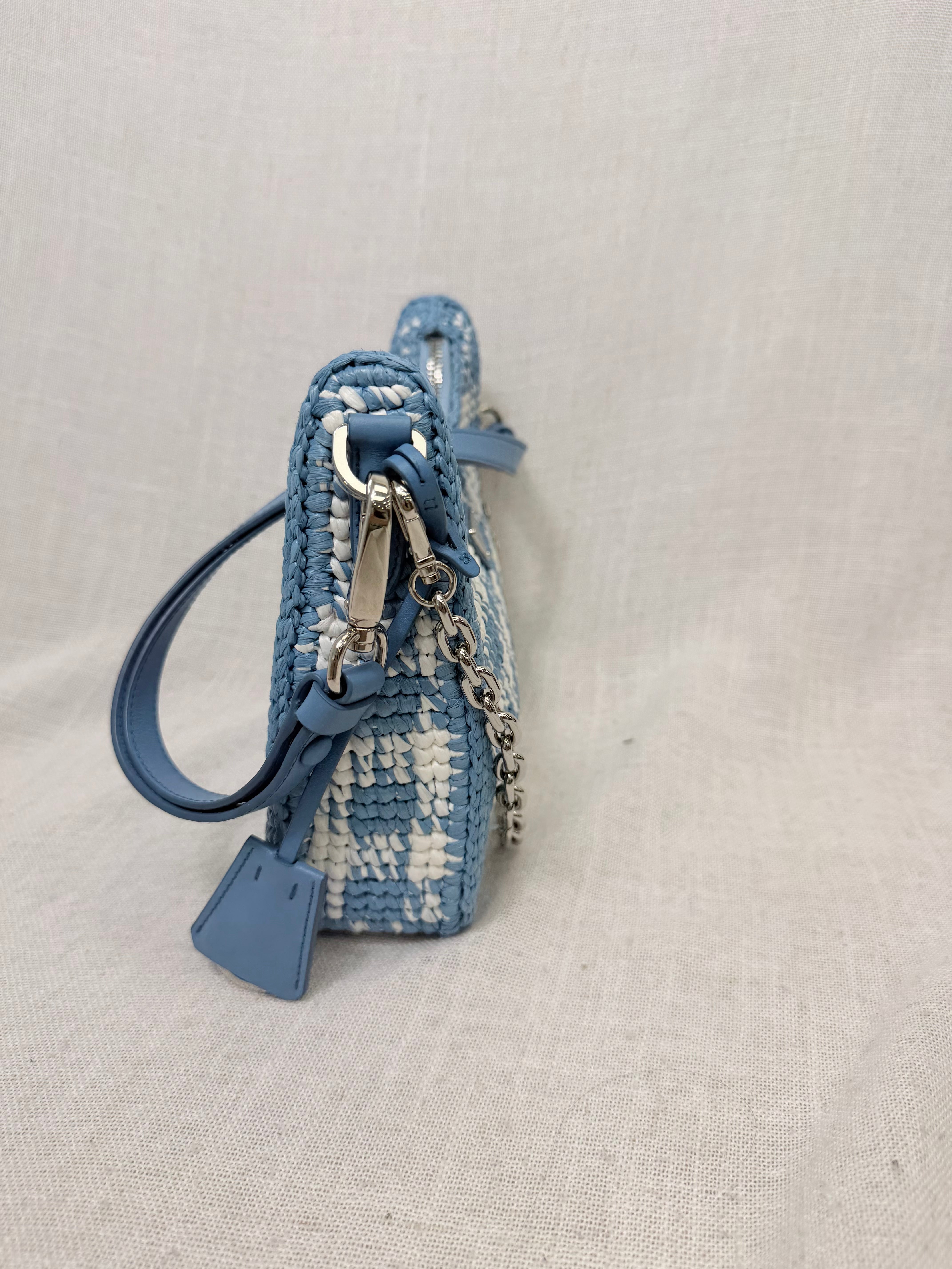 Prada Blue Checkered Gingham Raffia Re-Edition Shoulder Bag