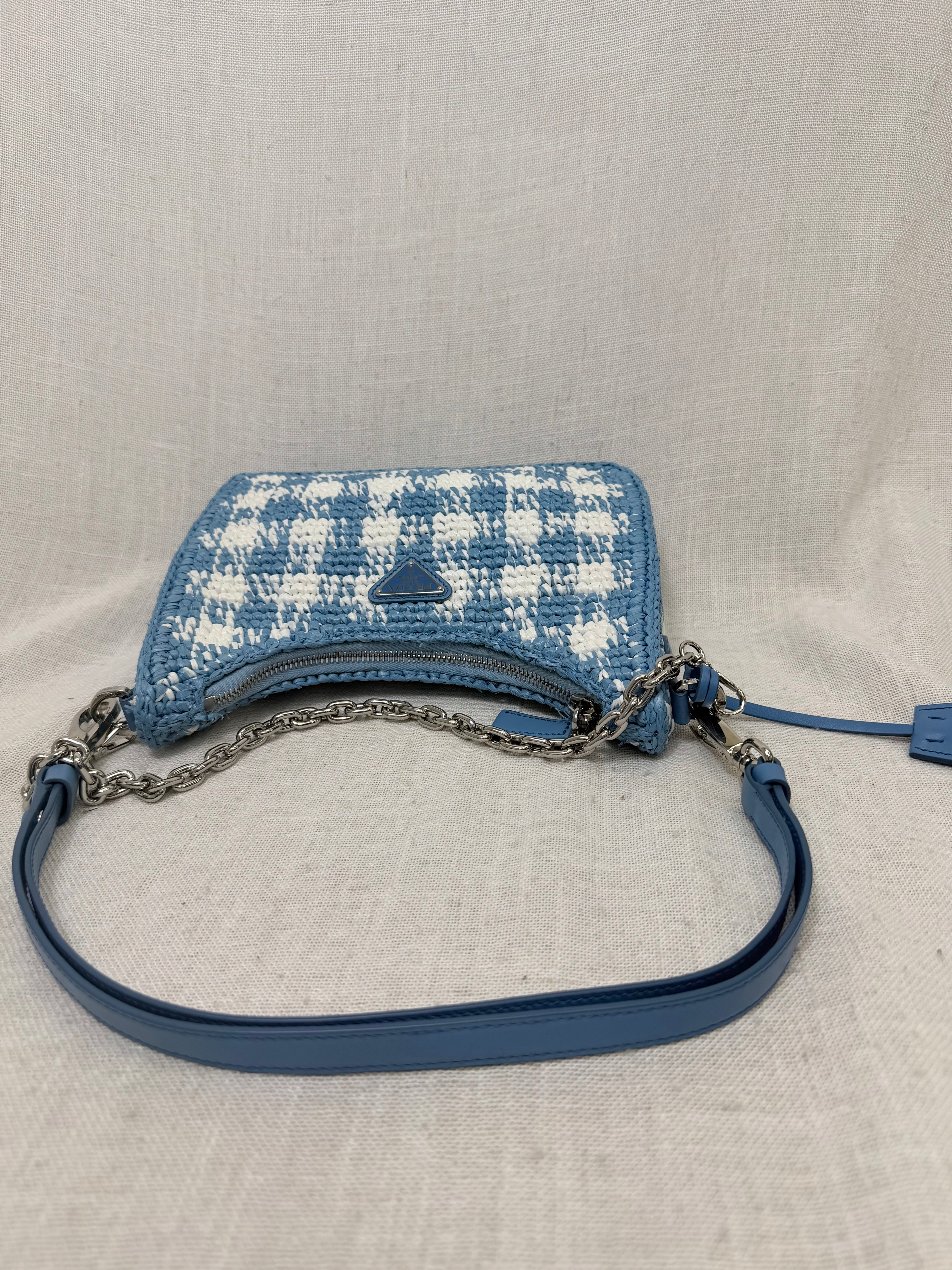 Prada Blue Checkered Gingham Raffia Re-Edition Shoulder Bag