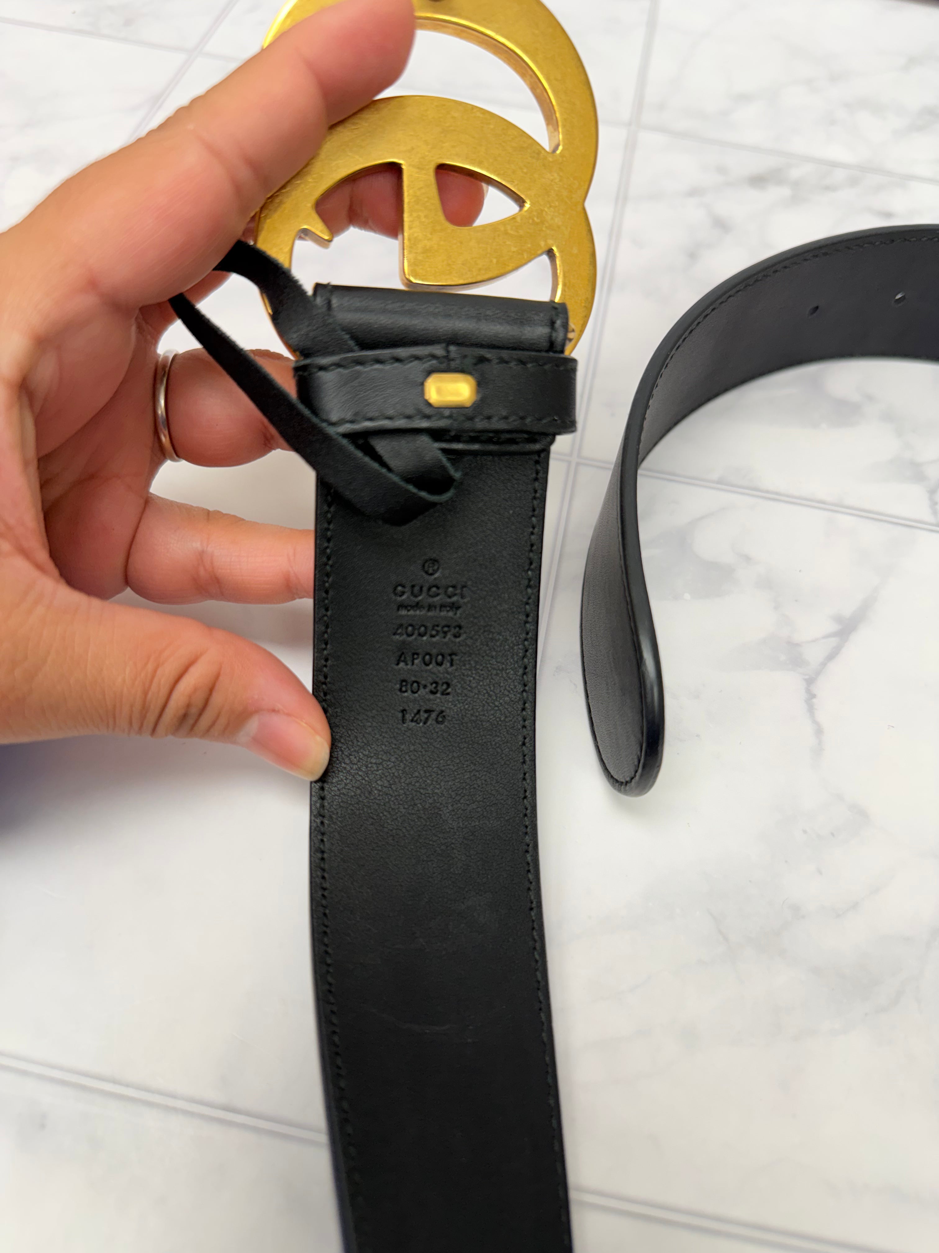 Gucci Black Leather GG Marmont Wide Belt Size 80