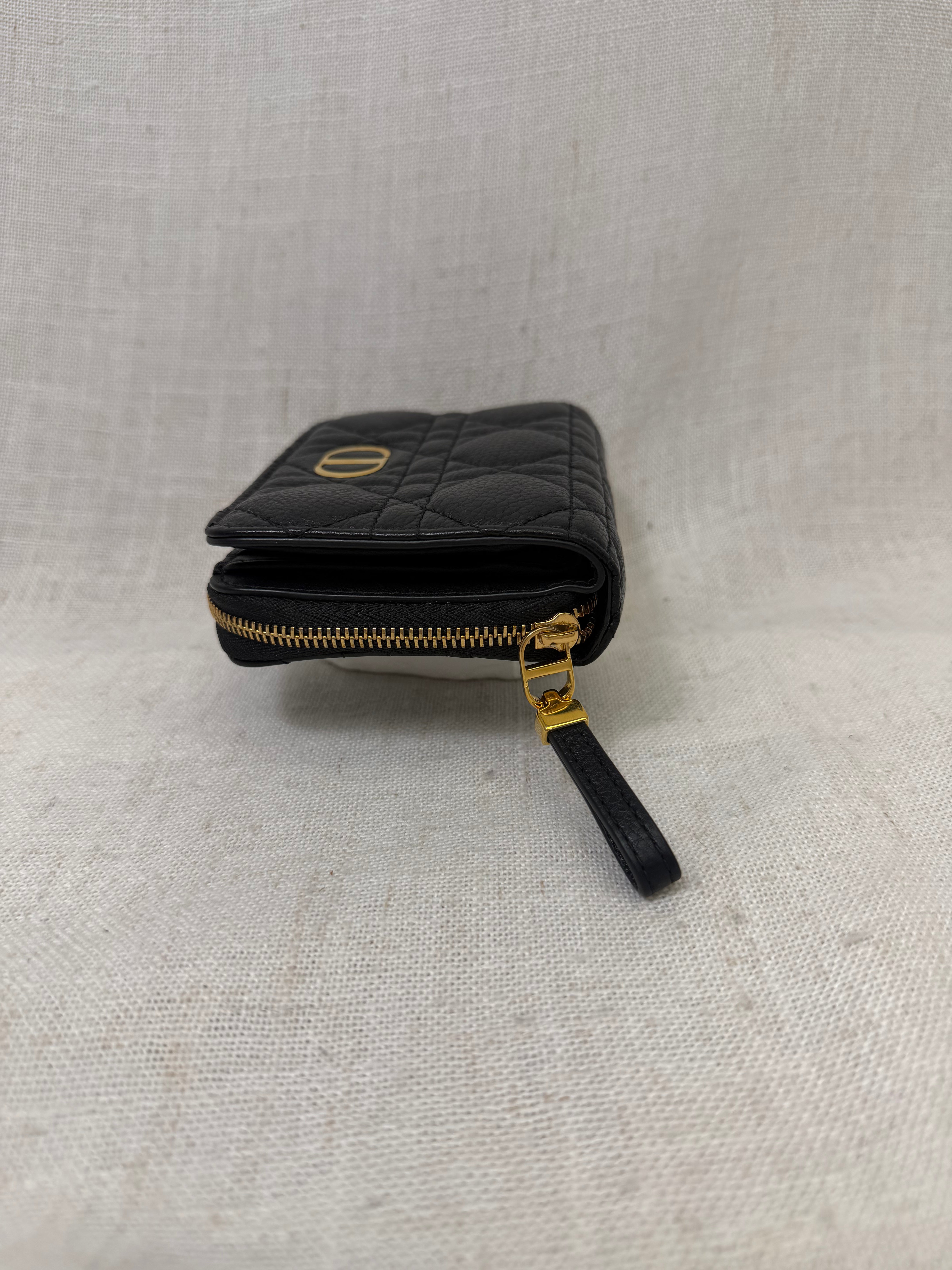 Christian Dior Black Grained Calfskin Leather Caro Compact Zippy Wallet
