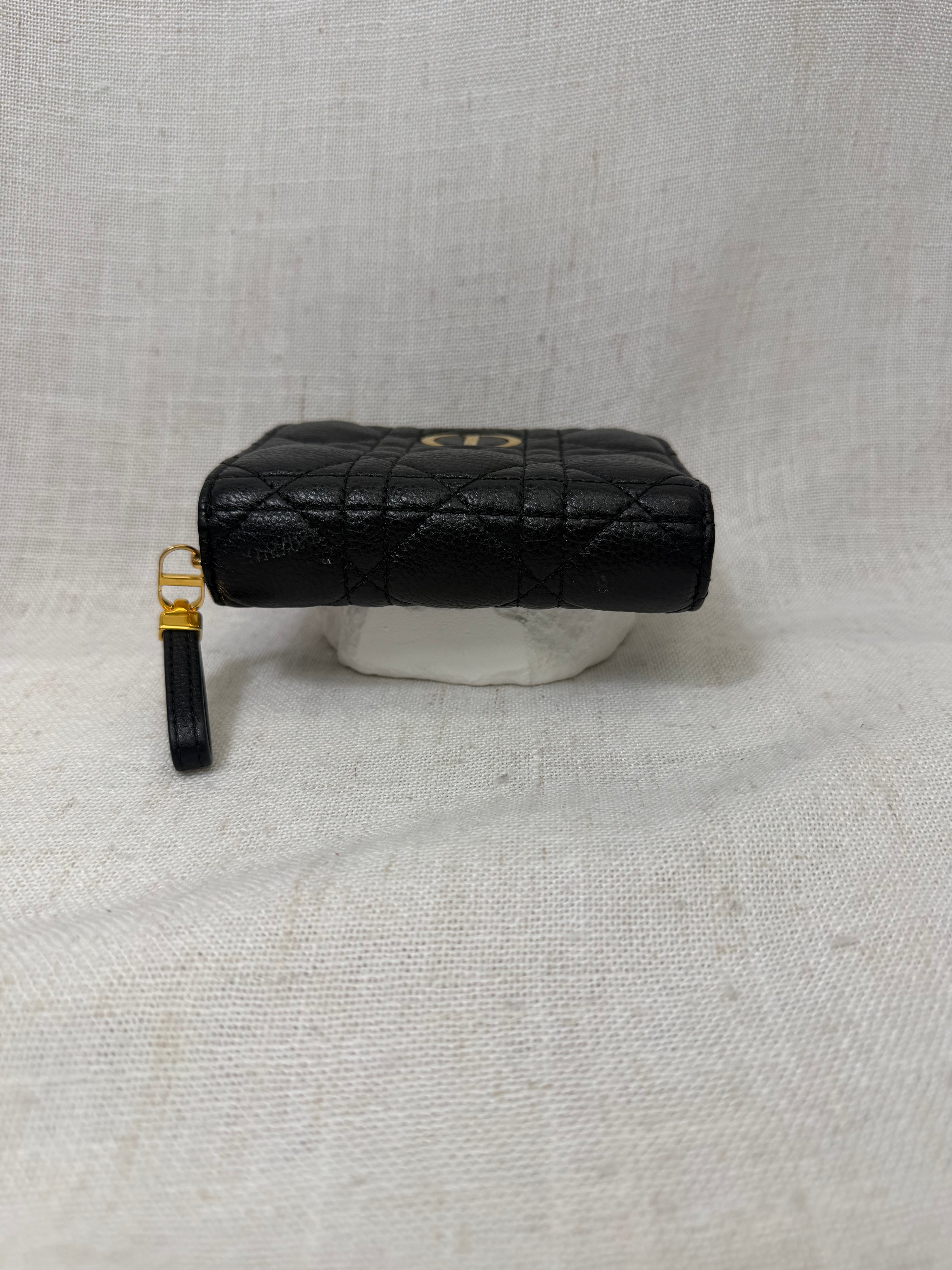 Christian Dior Black Grained Calfskin Leather Caro Compact Zippy Wallet