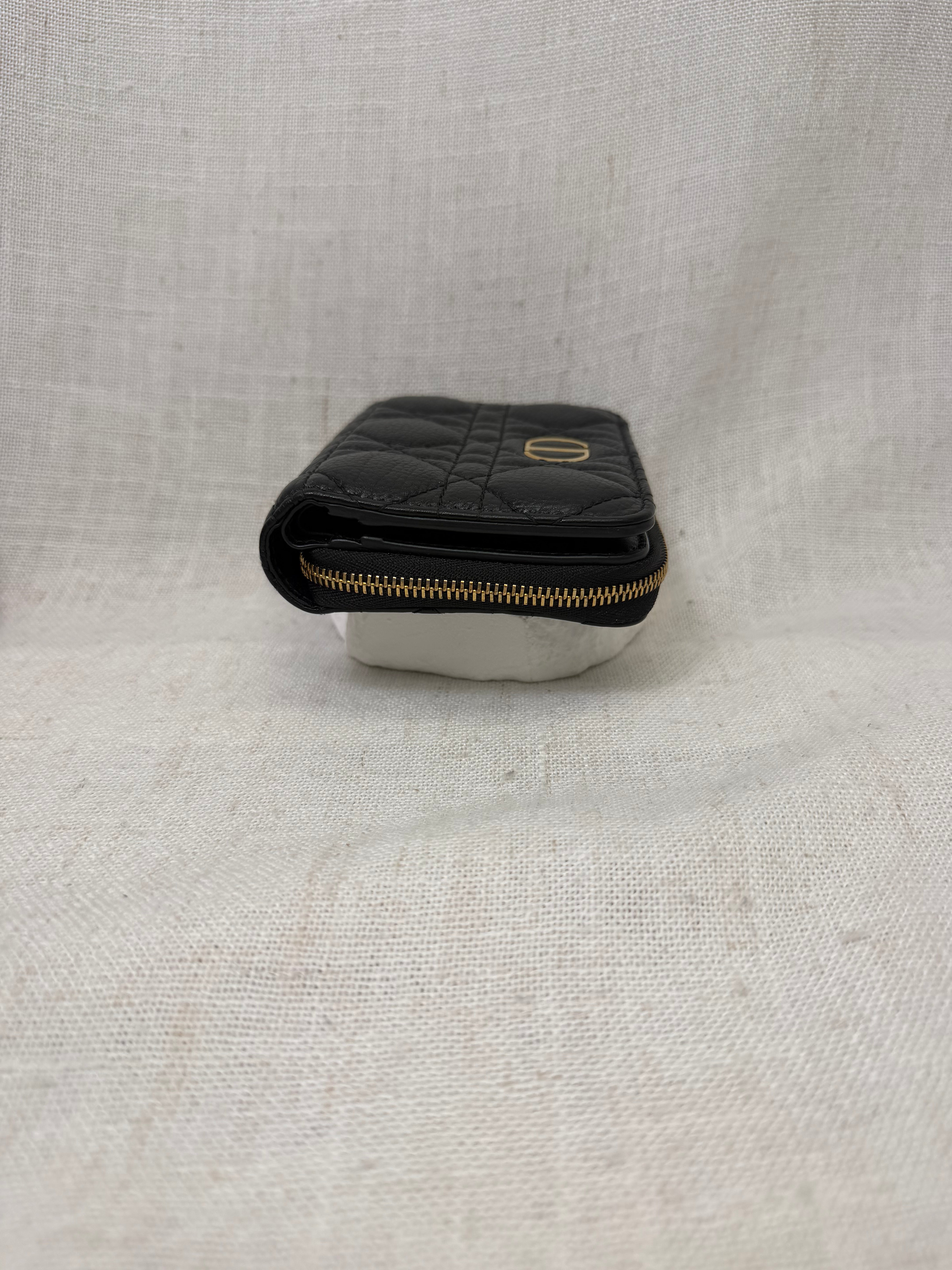 Christian Dior Black Grained Calfskin Leather Caro Compact Zippy Wallet