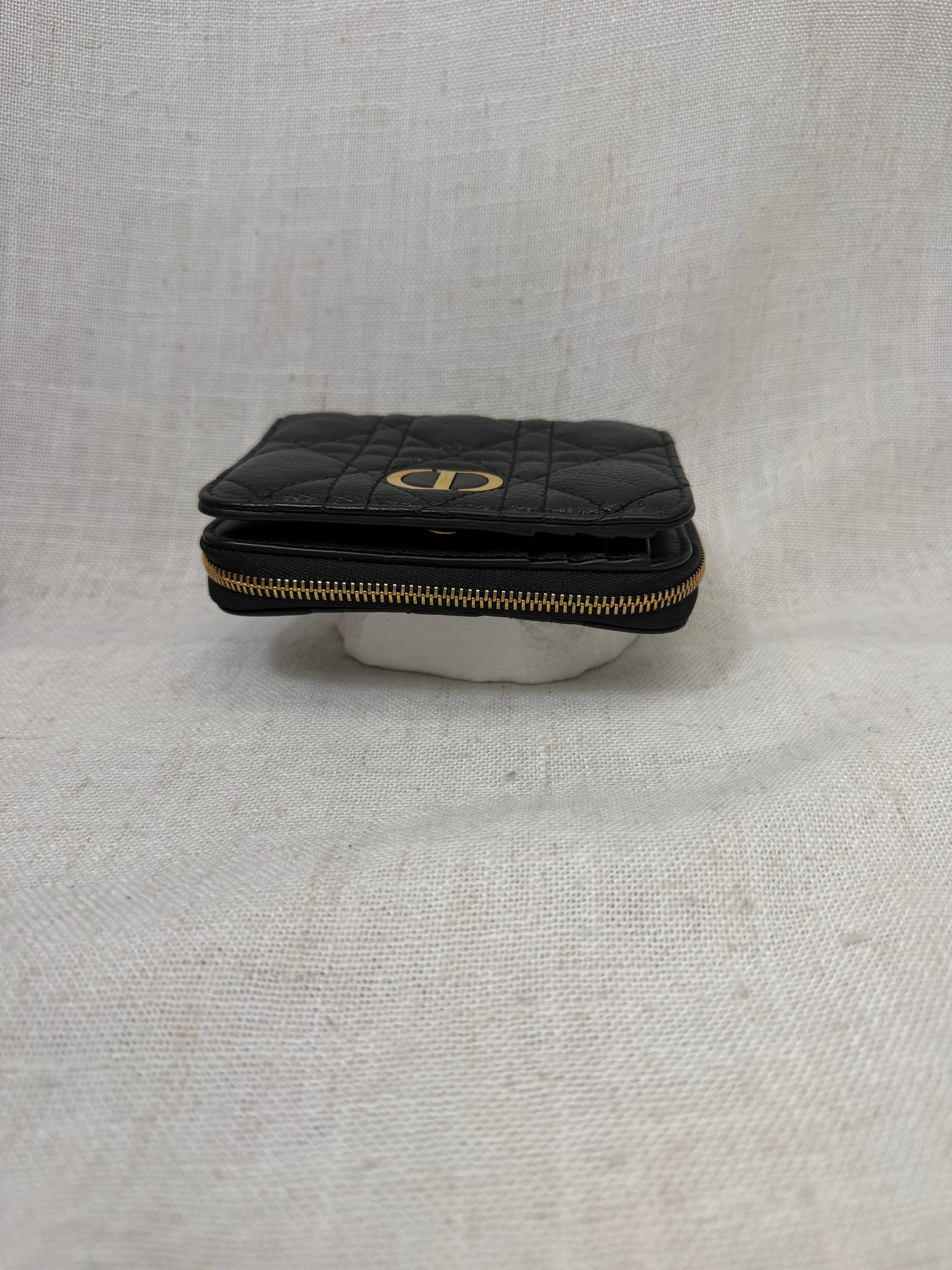 Christian Dior Black Grained Calfskin Leather Caro Compact Zippy Wallet