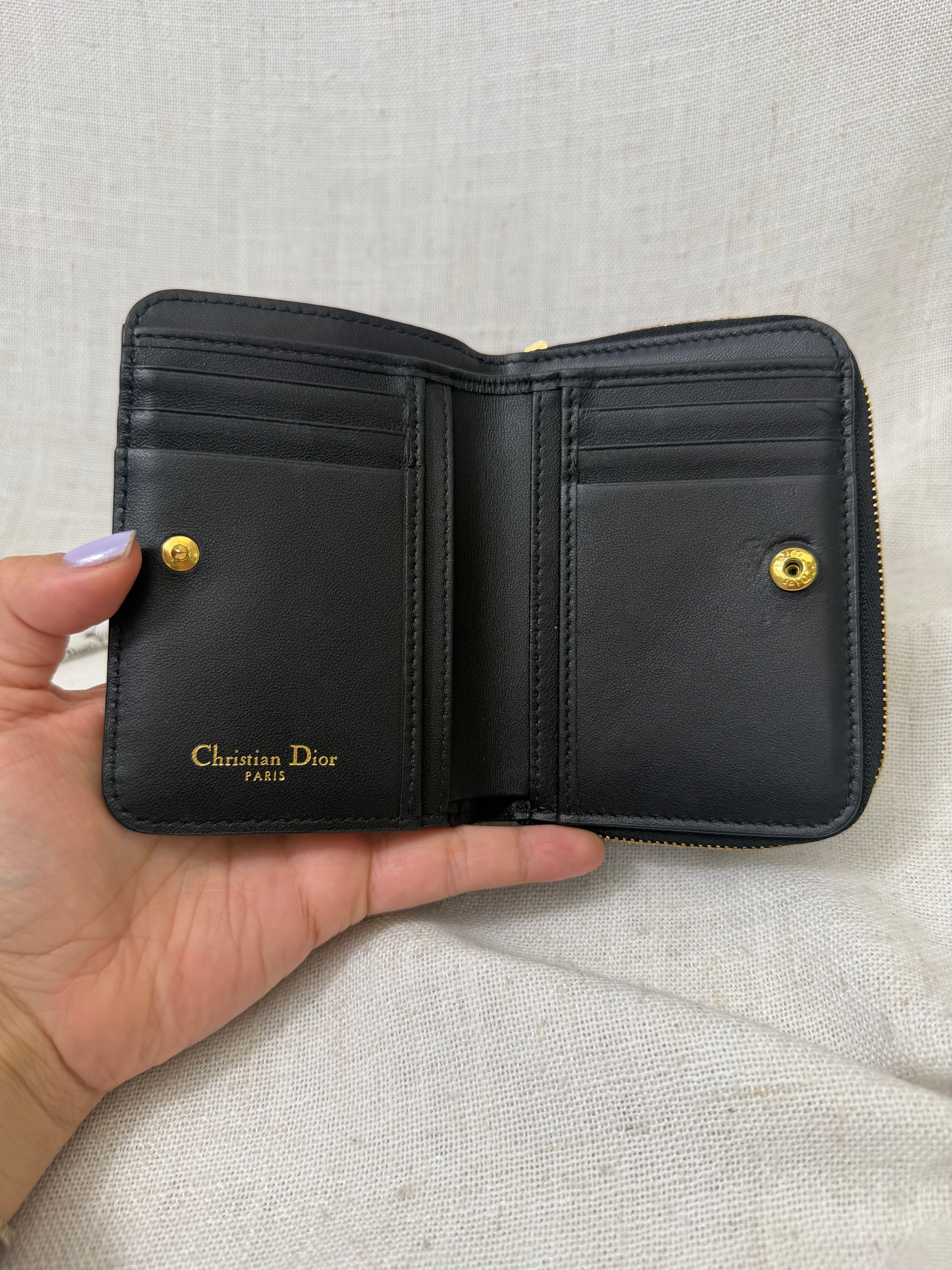 Christian Dior Black Grained Calfskin Leather Caro Compact Zippy Wallet
