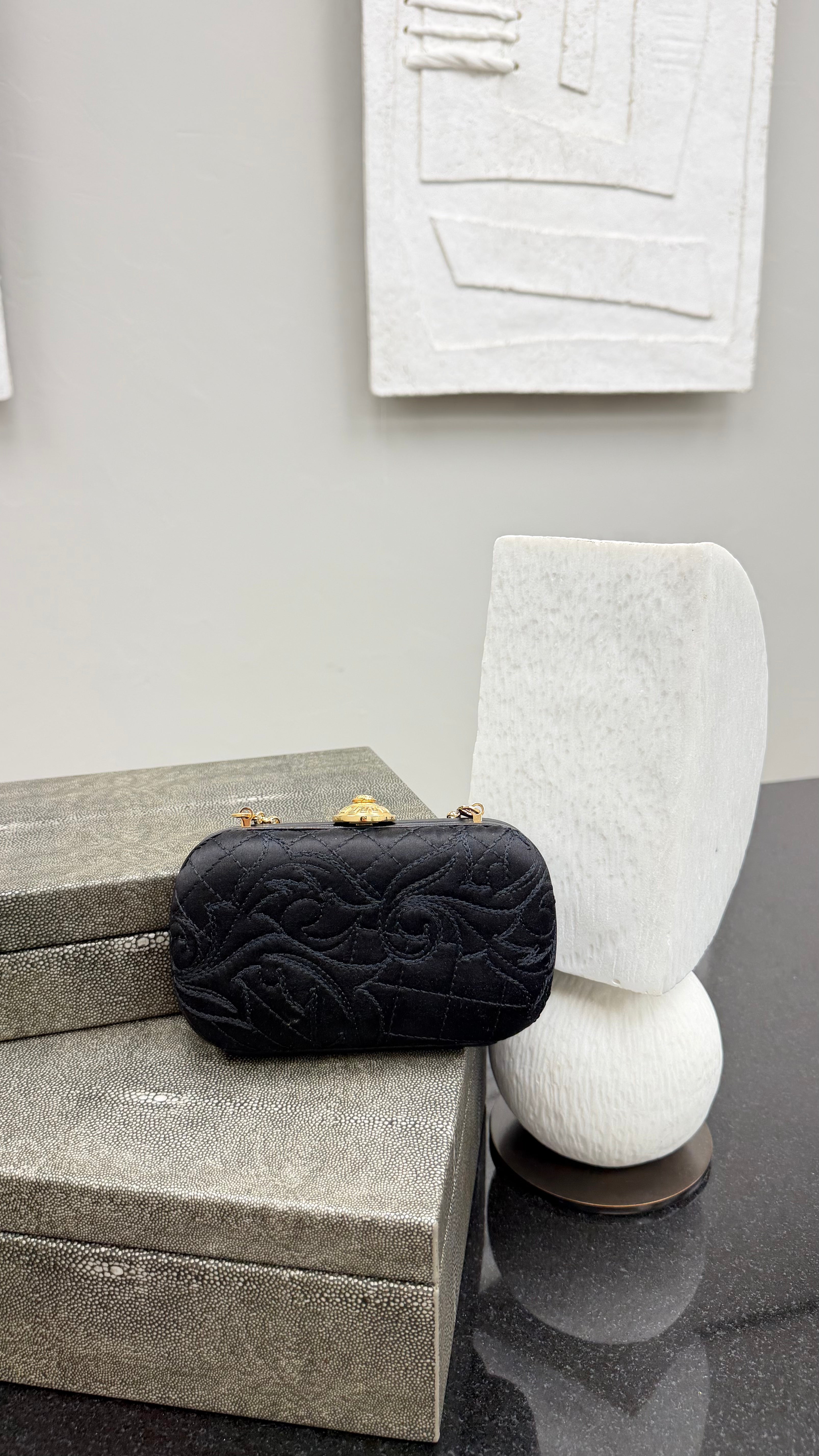 Versace Black Quilted Satin Clutch Bag