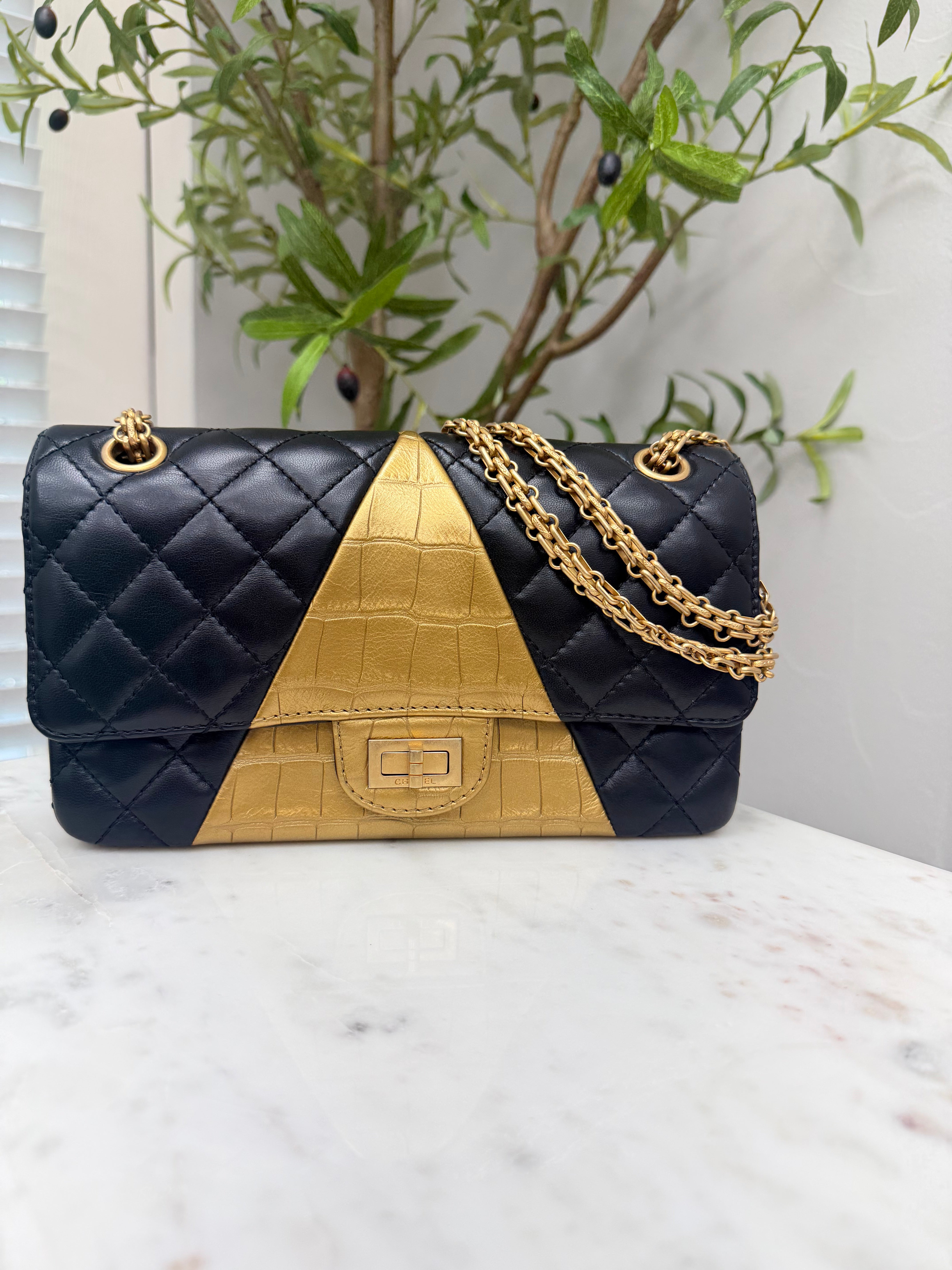 Chanel Black And Gold Lambskin Croc Embossed Medium Reissue Double Flap Bag