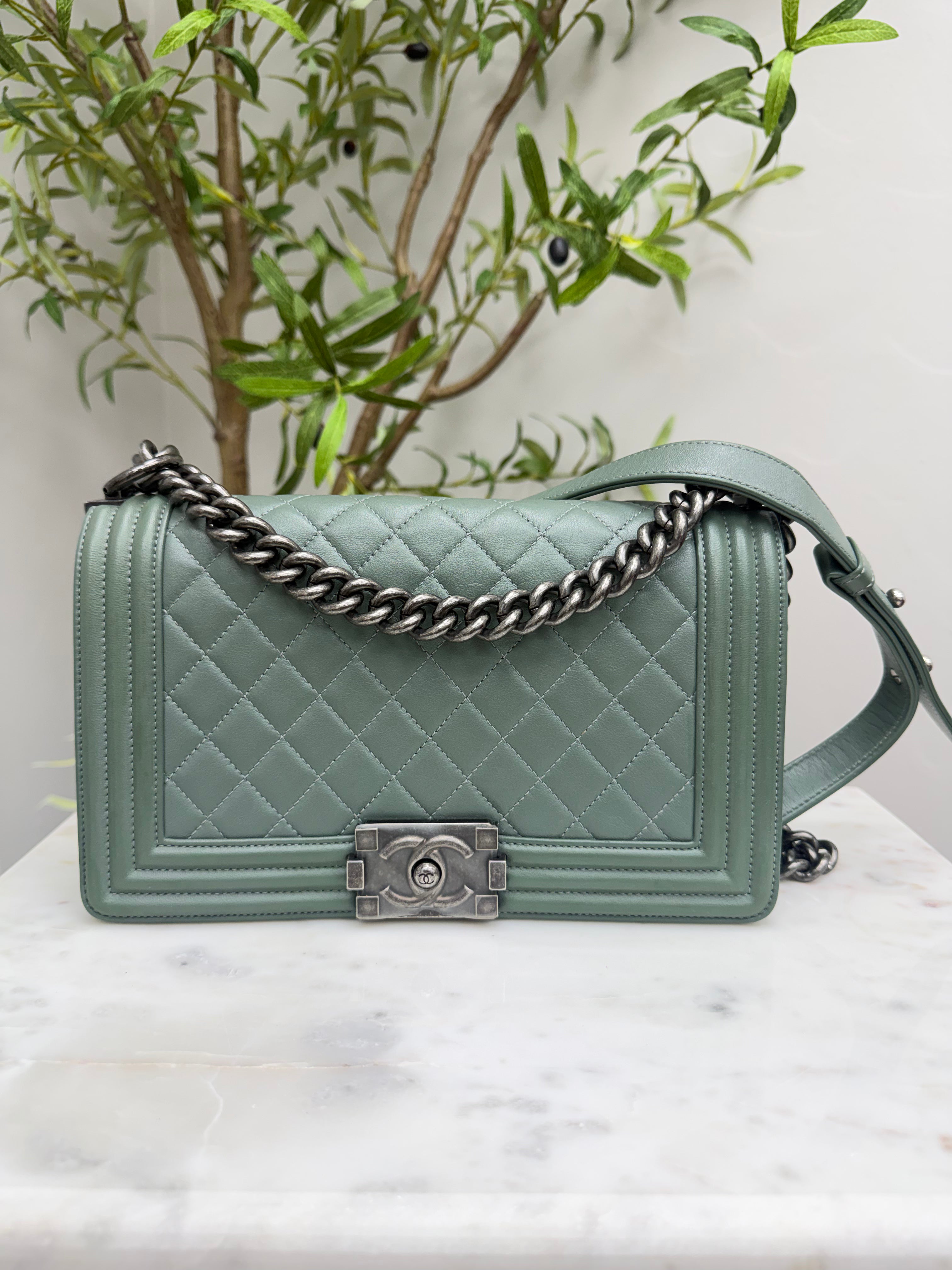 LIKE NEW - Chanel Sage Green Quilted Leather Medium  Boy Bag