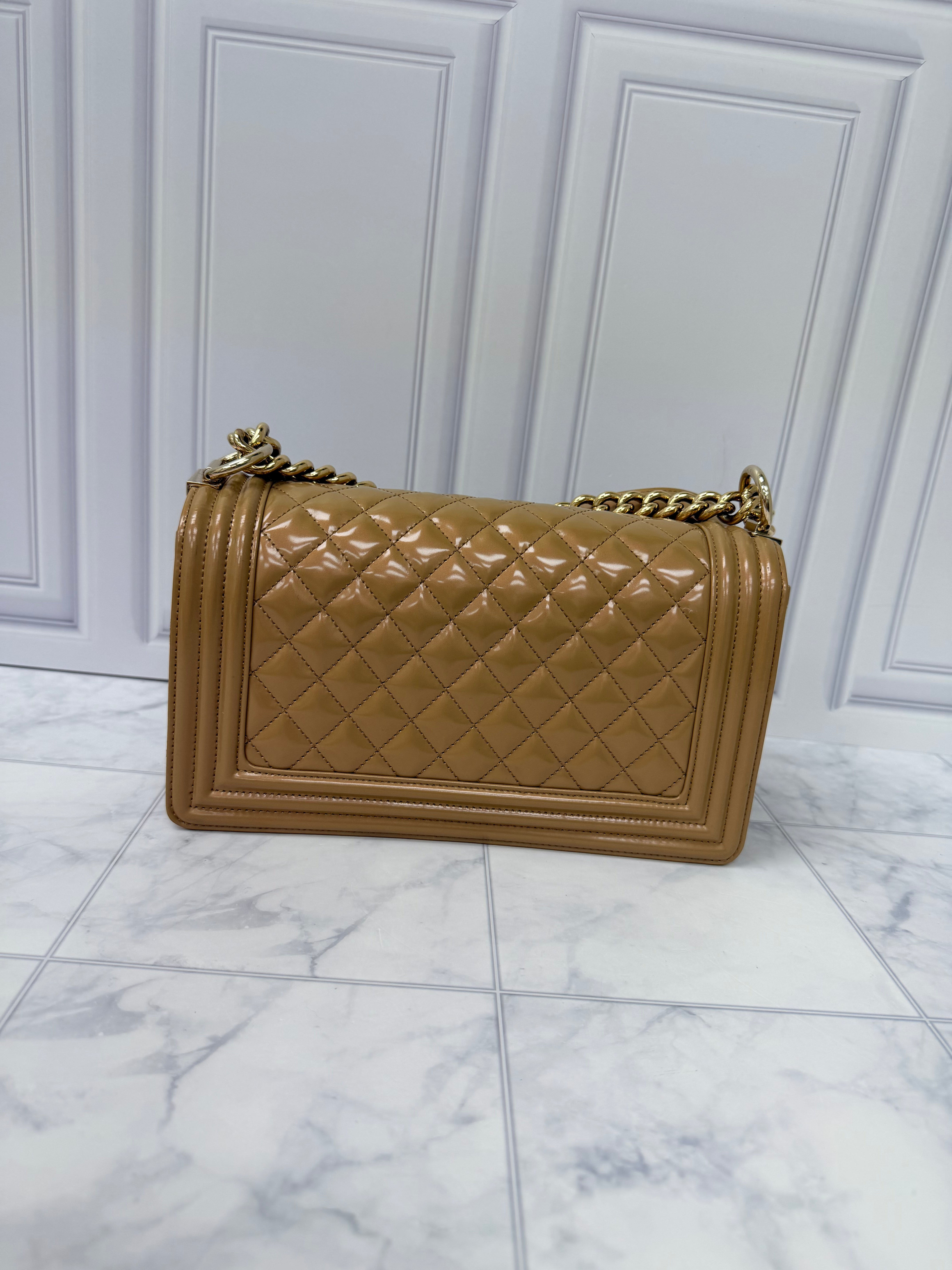 Chanel Beige Patent Leather Medium Boy Bag