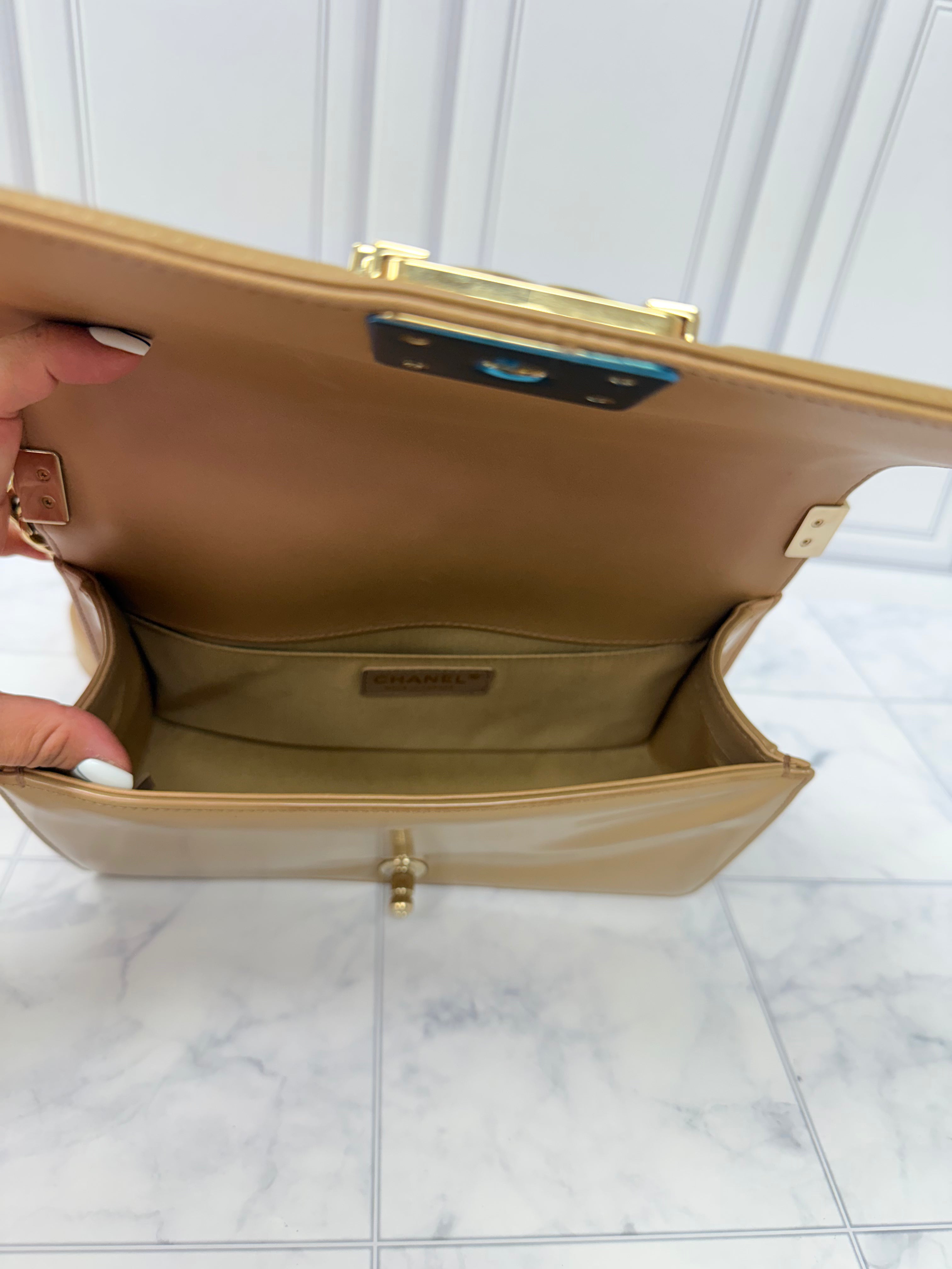 Chanel Beige Patent Leather Medium Boy Bag