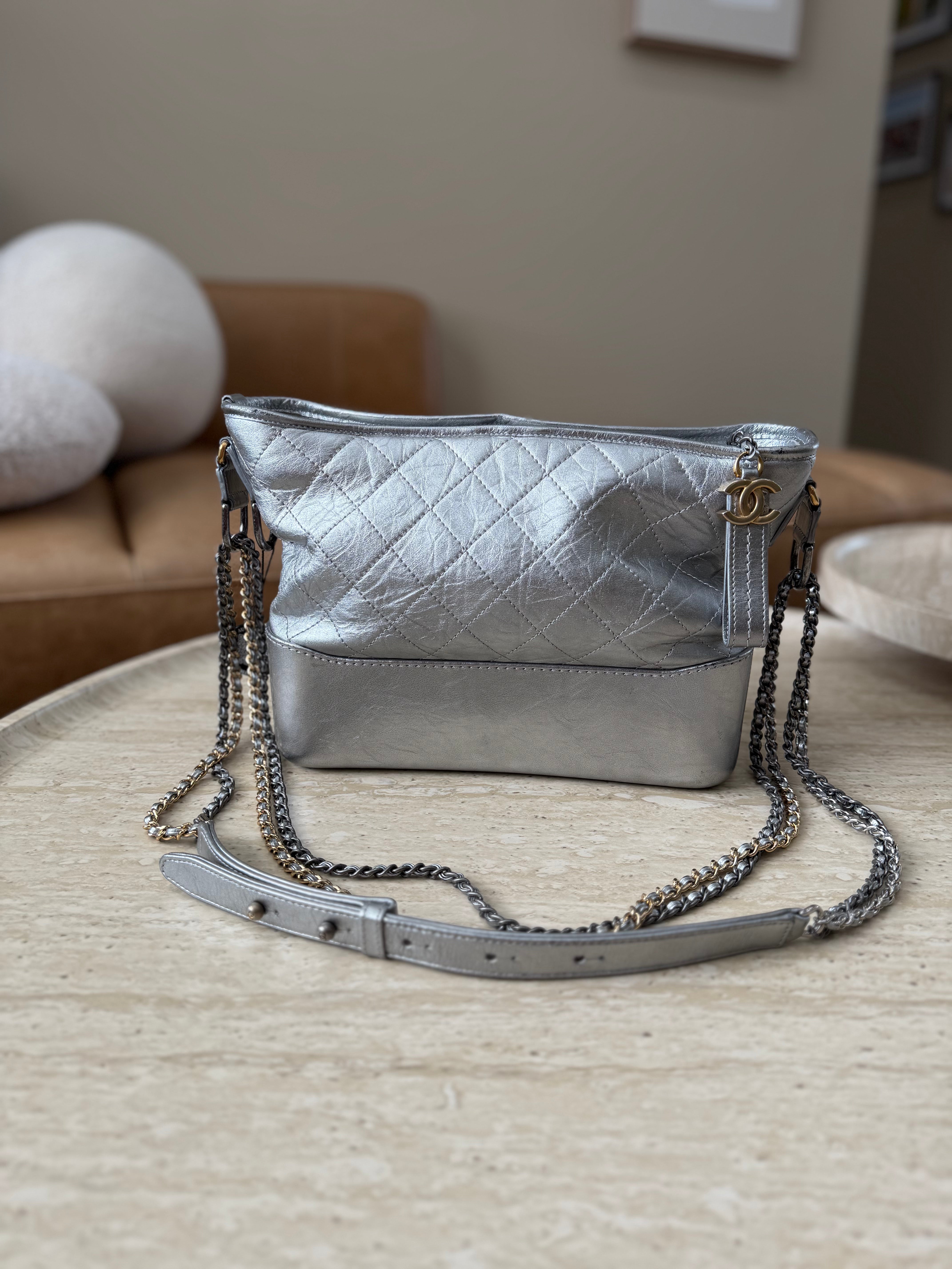 Chanel Metallic Silver Quilted Lambskin Large Gabrielle Hobo Bag