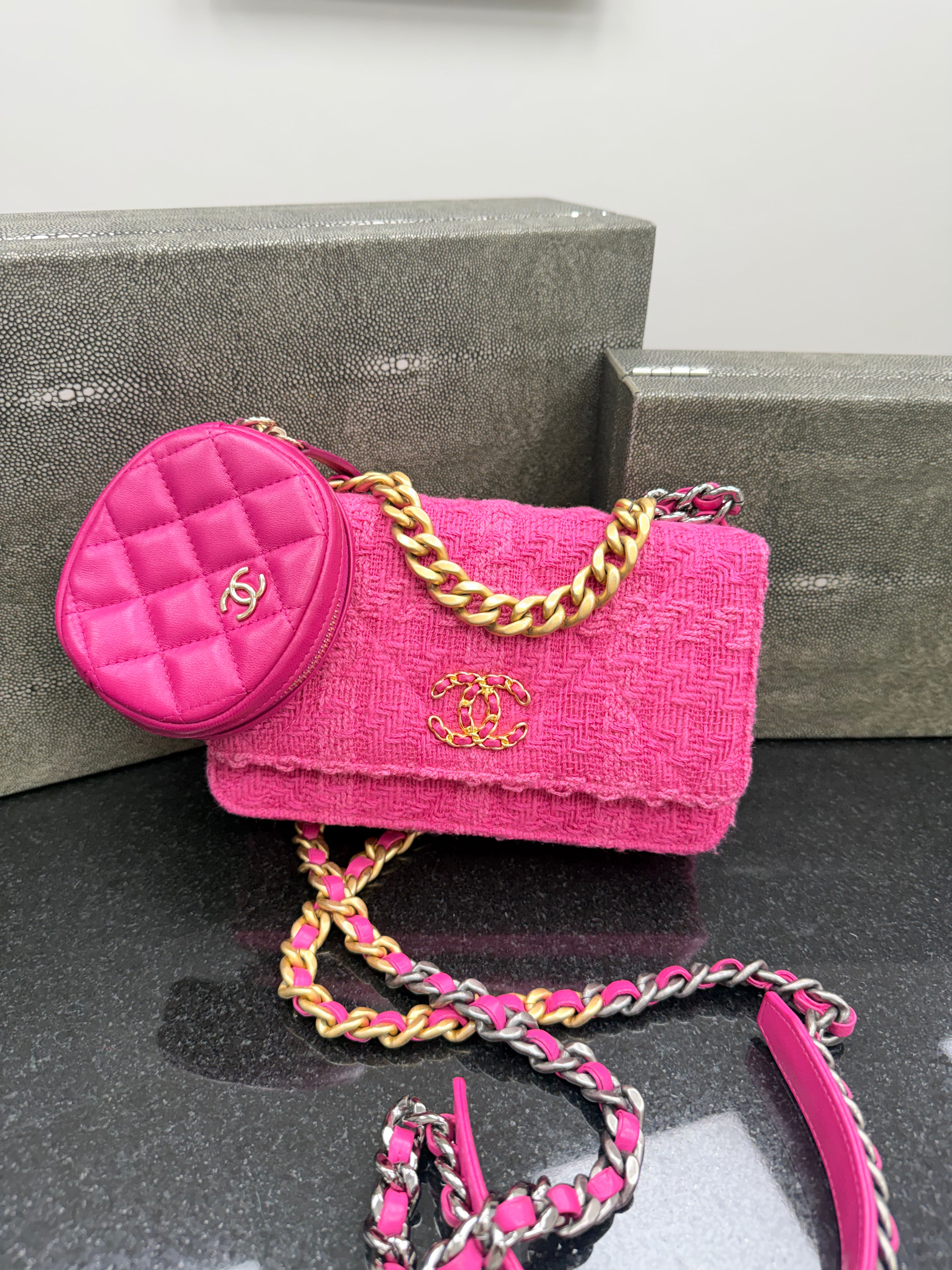 Chanel Hot Pink Tweed Wallet On A Chain