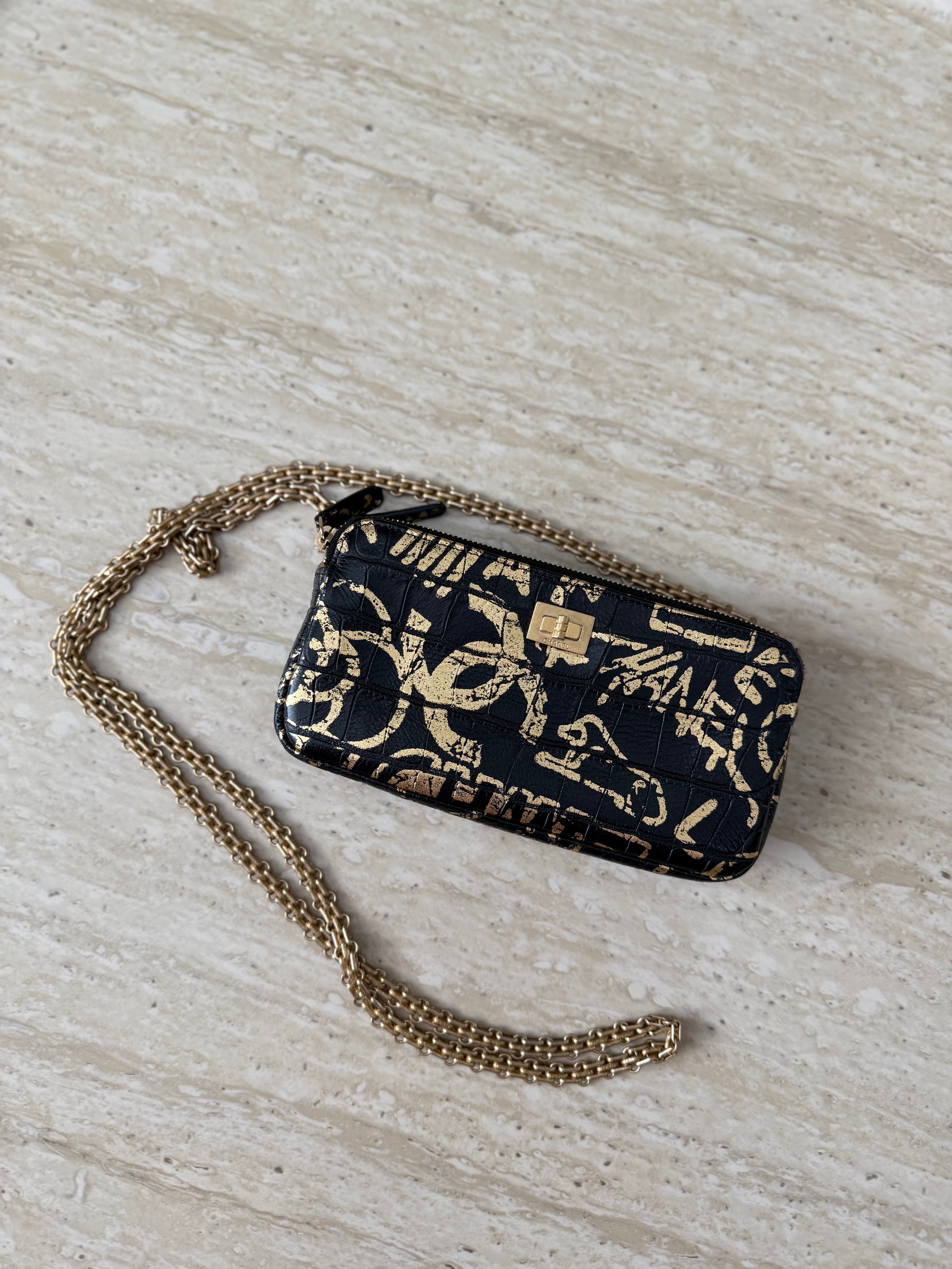 Chanel Black & Gold Graffiti Croc Embossed Double Zip Resissue Wallet on a Chain