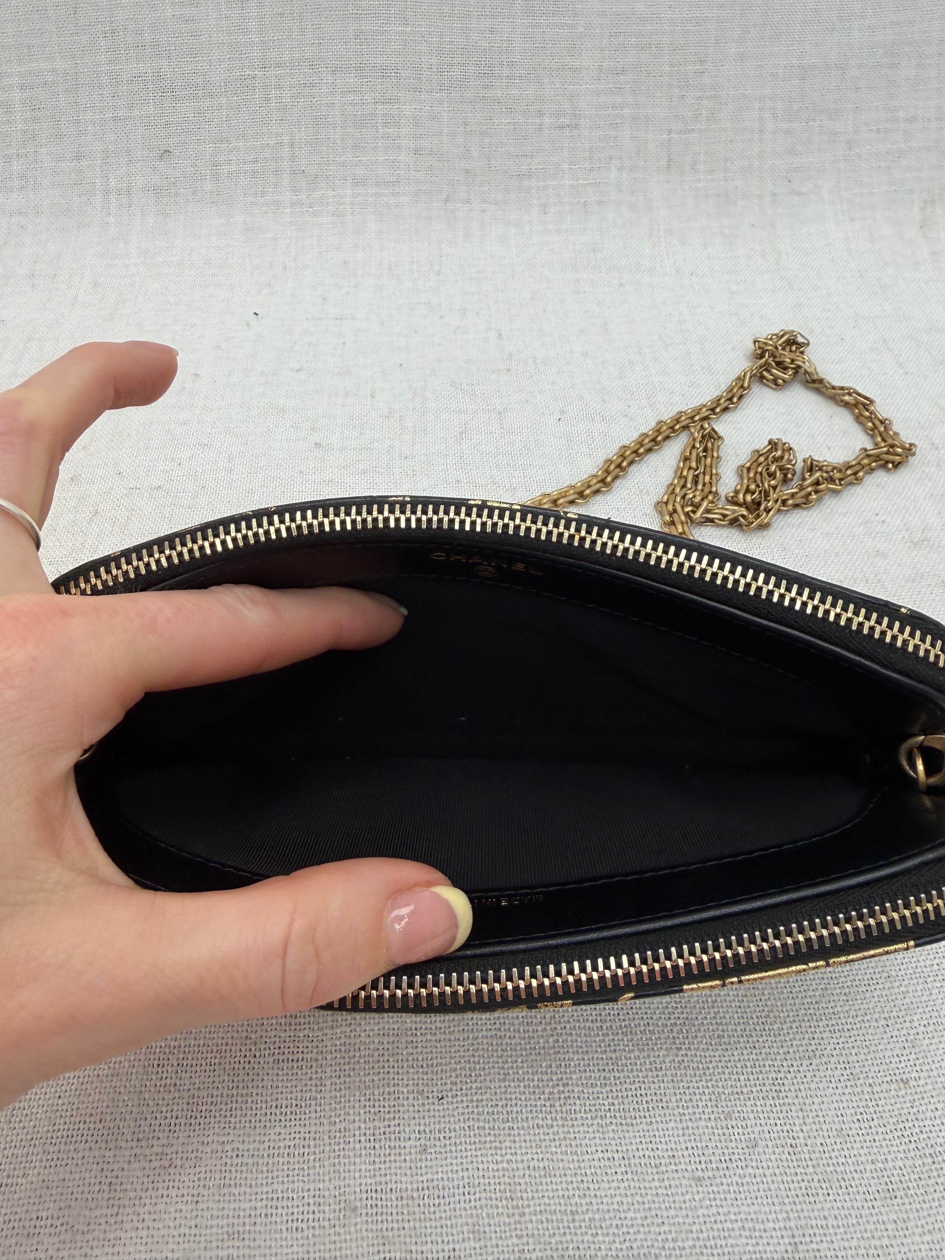 Chanel Black & Gold Graffiti Croc Embossed Double Zip Resissue Wallet on a Chain